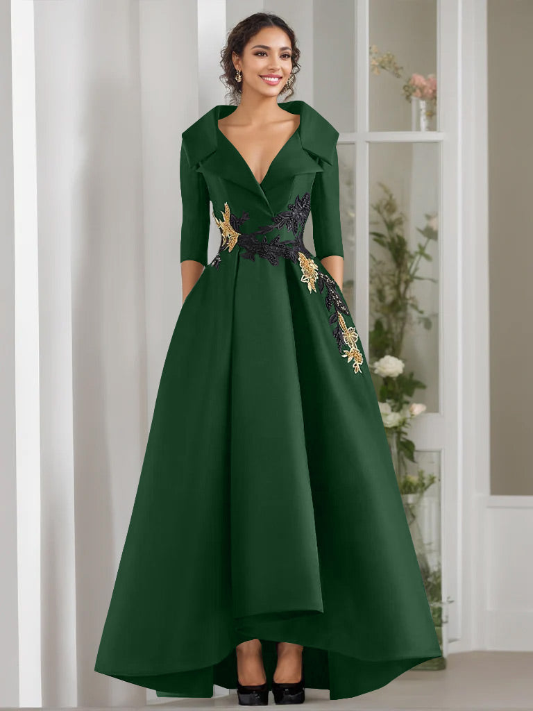 V Neck A Line Long Mother of the Bride Dress with 3/4 Sleeves Appliques and Beading