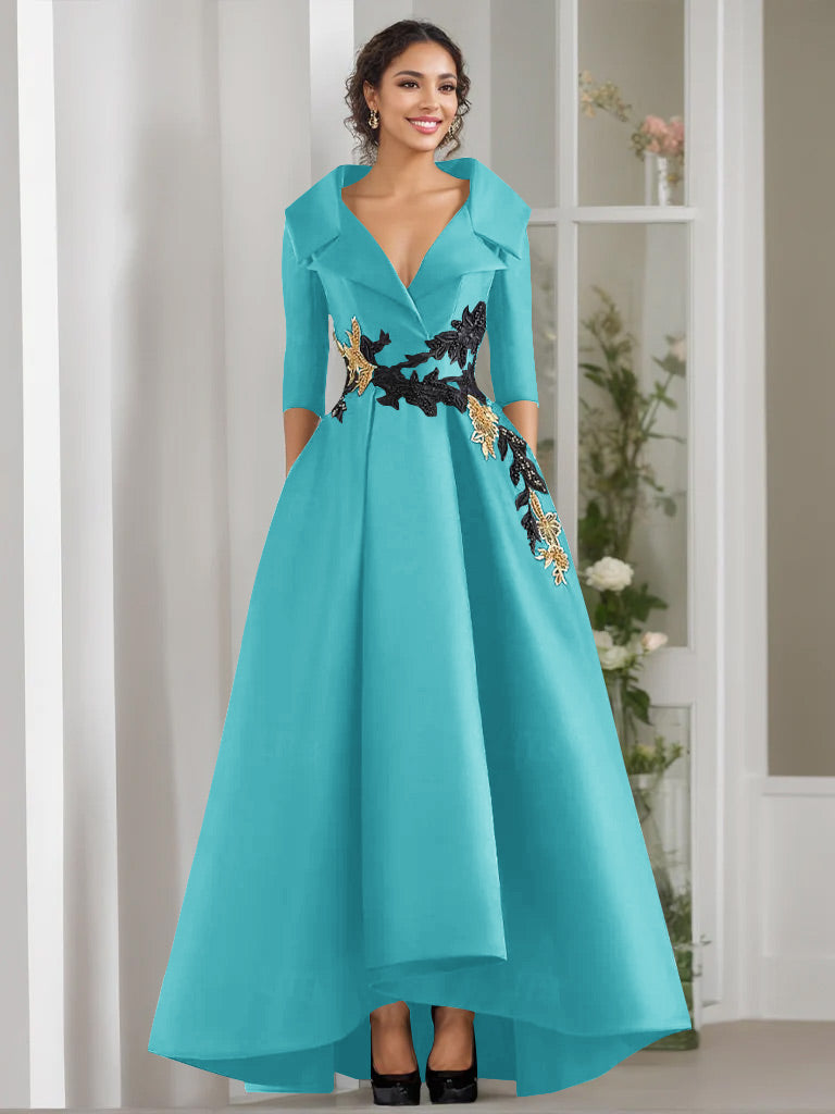 V Neck A Line Long Mother of the Bride Dress with 3/4 Sleeves Appliques and Beading