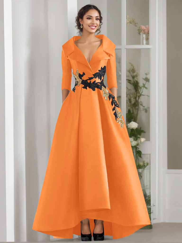 V Neck A Line Long Mother of the Bride Dress with 3/4 Sleeves Appliques and Beading