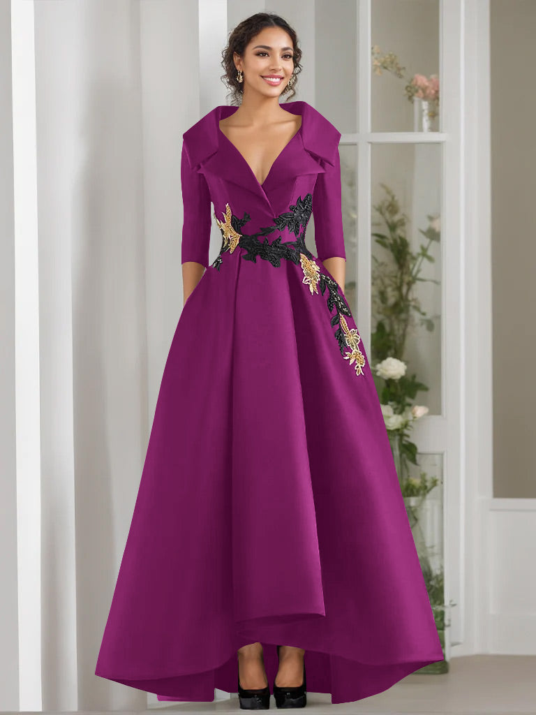 V Neck A Line Long Mother of the Bride Dress with 3/4 Sleeves Appliques and Beading