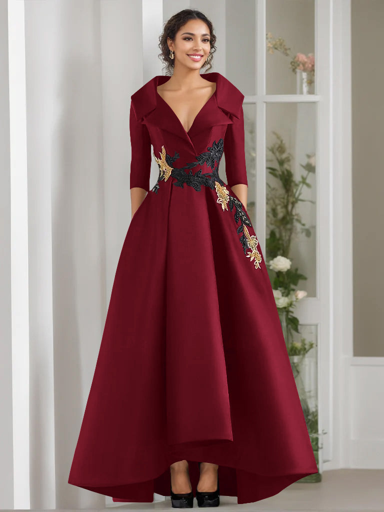 V Neck A Line Long Mother of the Bride Dress with 3/4 Sleeves Appliques and Beading