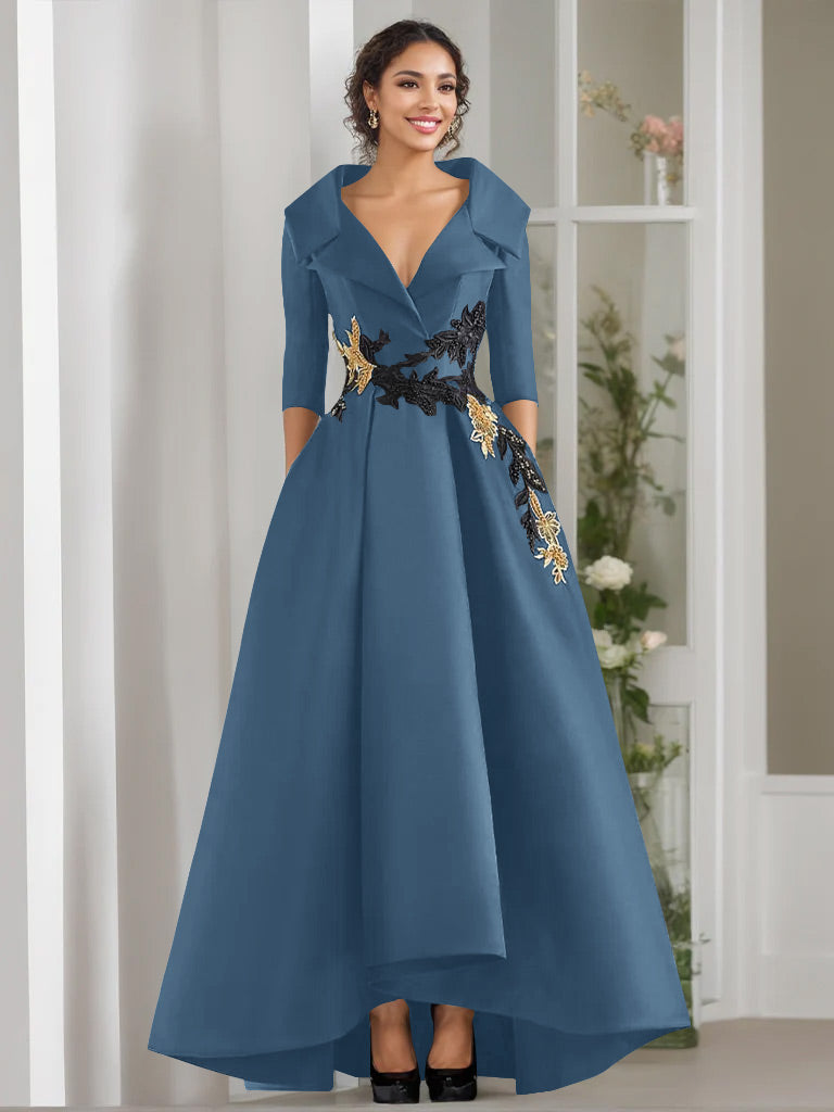 V Neck A Line Long Mother of the Bride Dress with 3/4 Sleeves Appliques and Beading