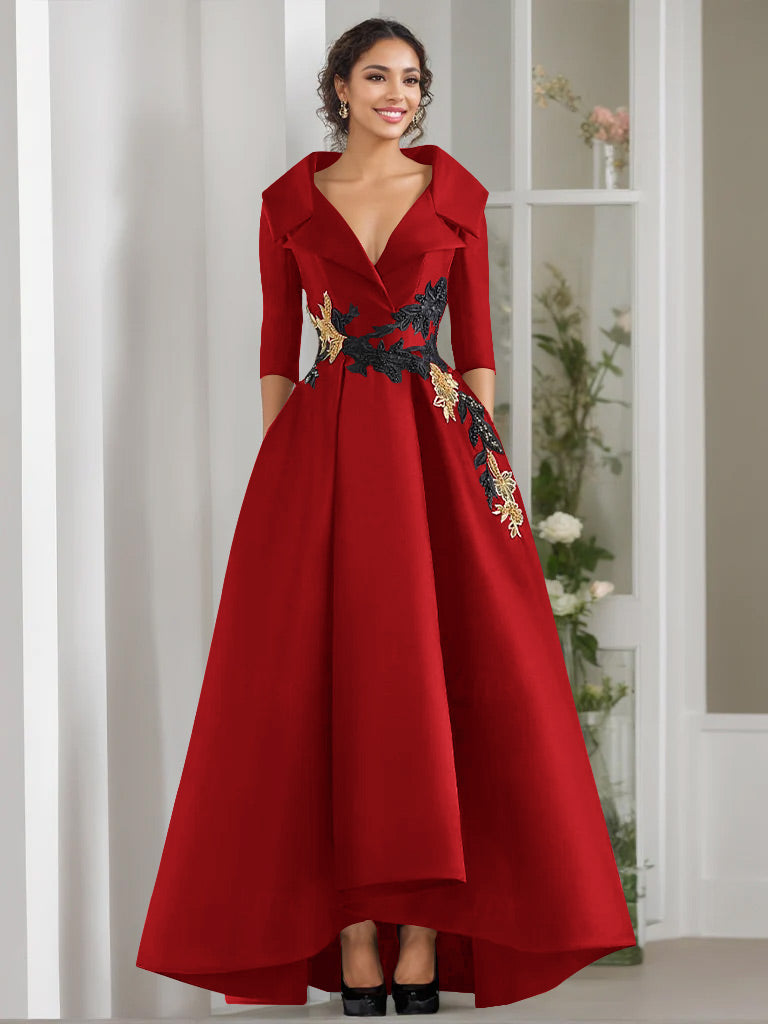 V Neck A Line Long Mother of the Bride Dress with 3/4 Sleeves Appliques and Beading