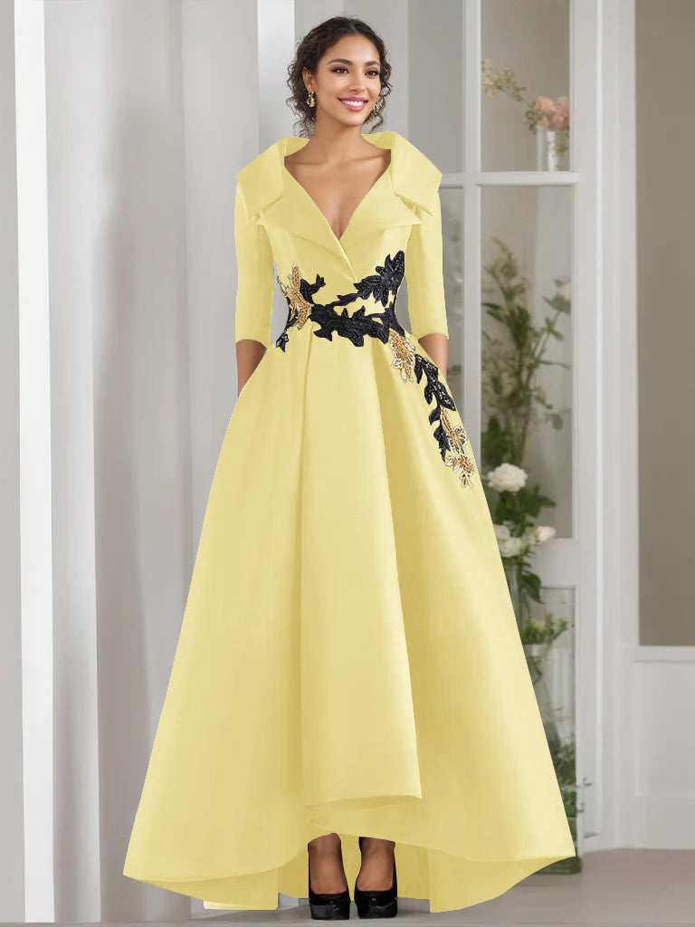 V Neck A Line Long Mother of the Bride Dress with 3/4 Sleeves Appliques and Beading