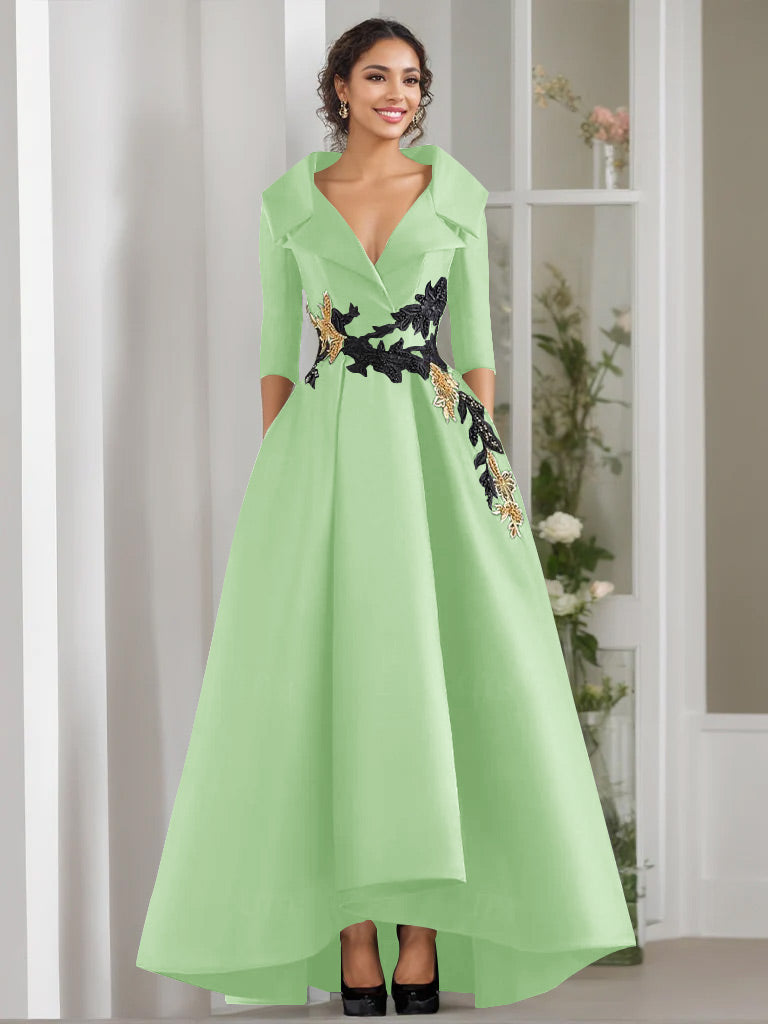 V Neck A Line Long Mother of the Bride Dress with 3/4 Sleeves Appliques and Beading