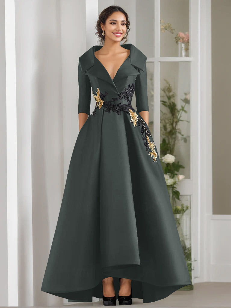 V Neck A Line Long Mother of the Bride Dress with 3/4 Sleeves Appliques and Beading