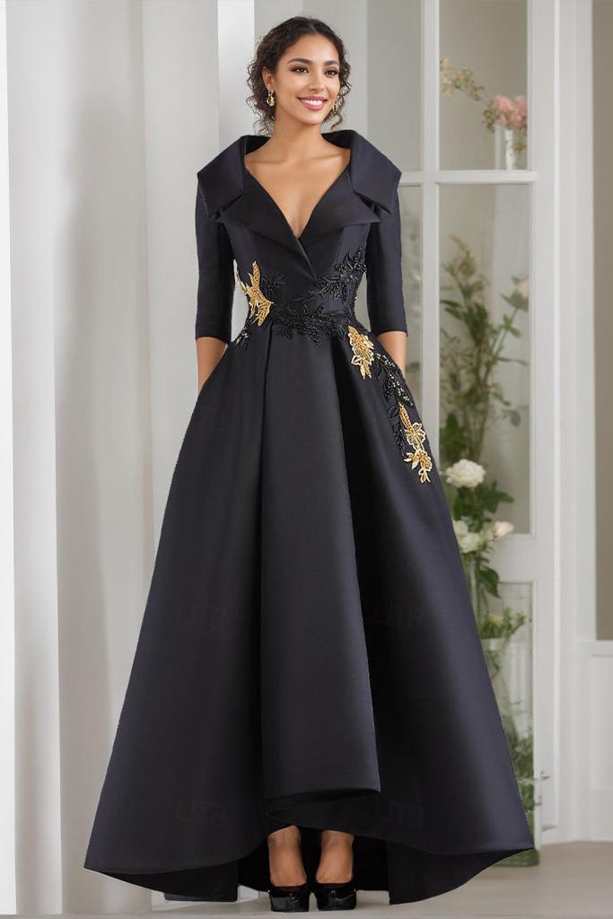V Neck A Line Long Mother of the Bride Dress with 3/4 Sleeves Appliques and Beading