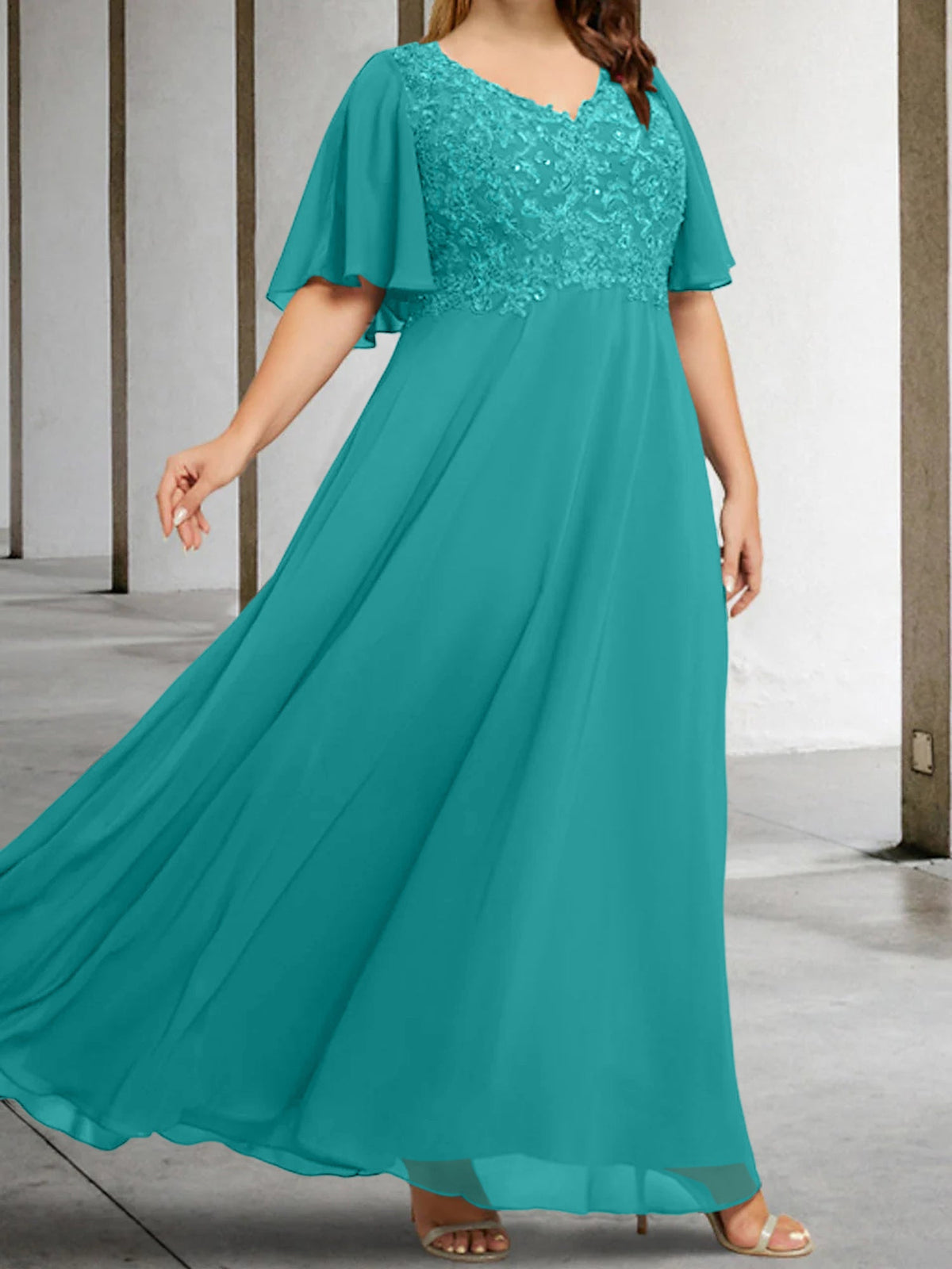 V Neck A Line Long Mother of the Bride Dress with Applique and Half Sleeves