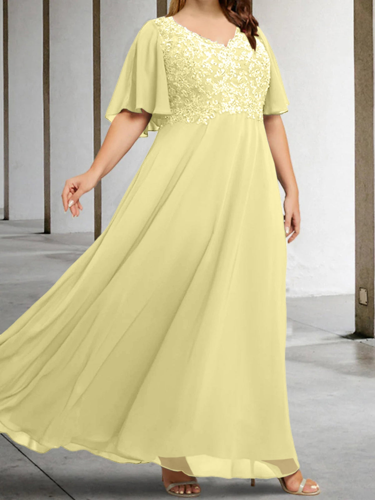 V Neck A Line Long Mother of the Bride Dress with Applique and Half Sleeves