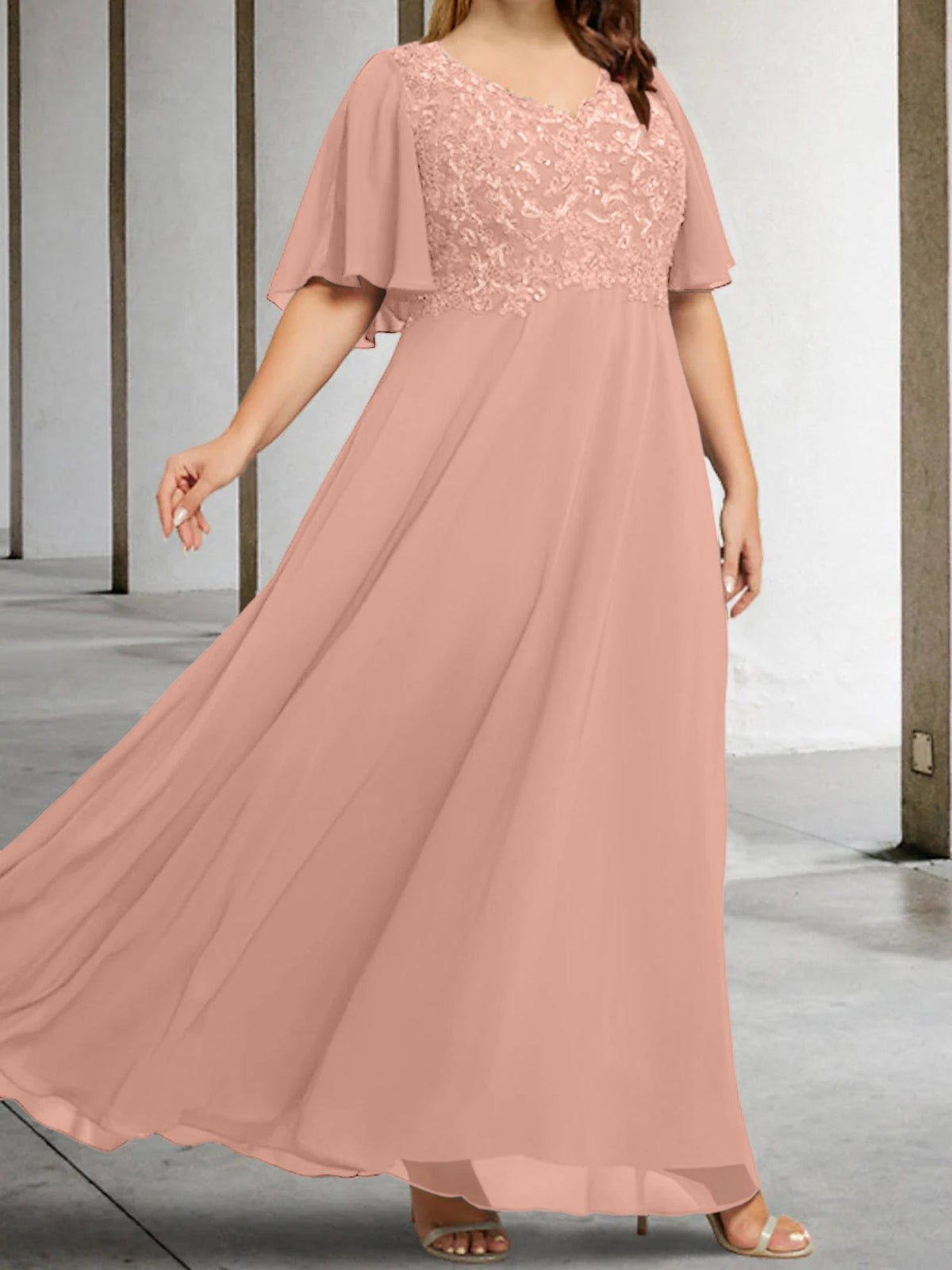 V Neck A Line Long Mother of the Bride Dress with Applique and Half Sleeves