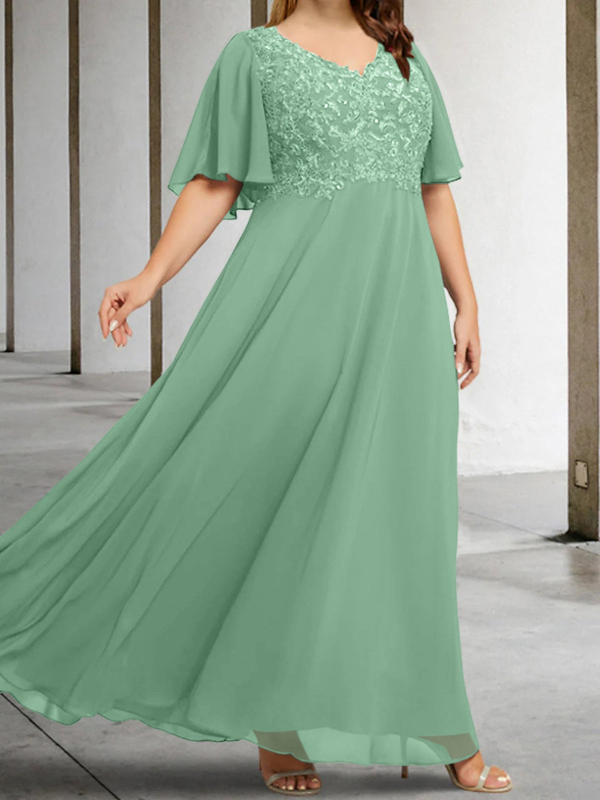 V Neck A Line Long Mother of the Bride Dress with Applique and Half Sleeves