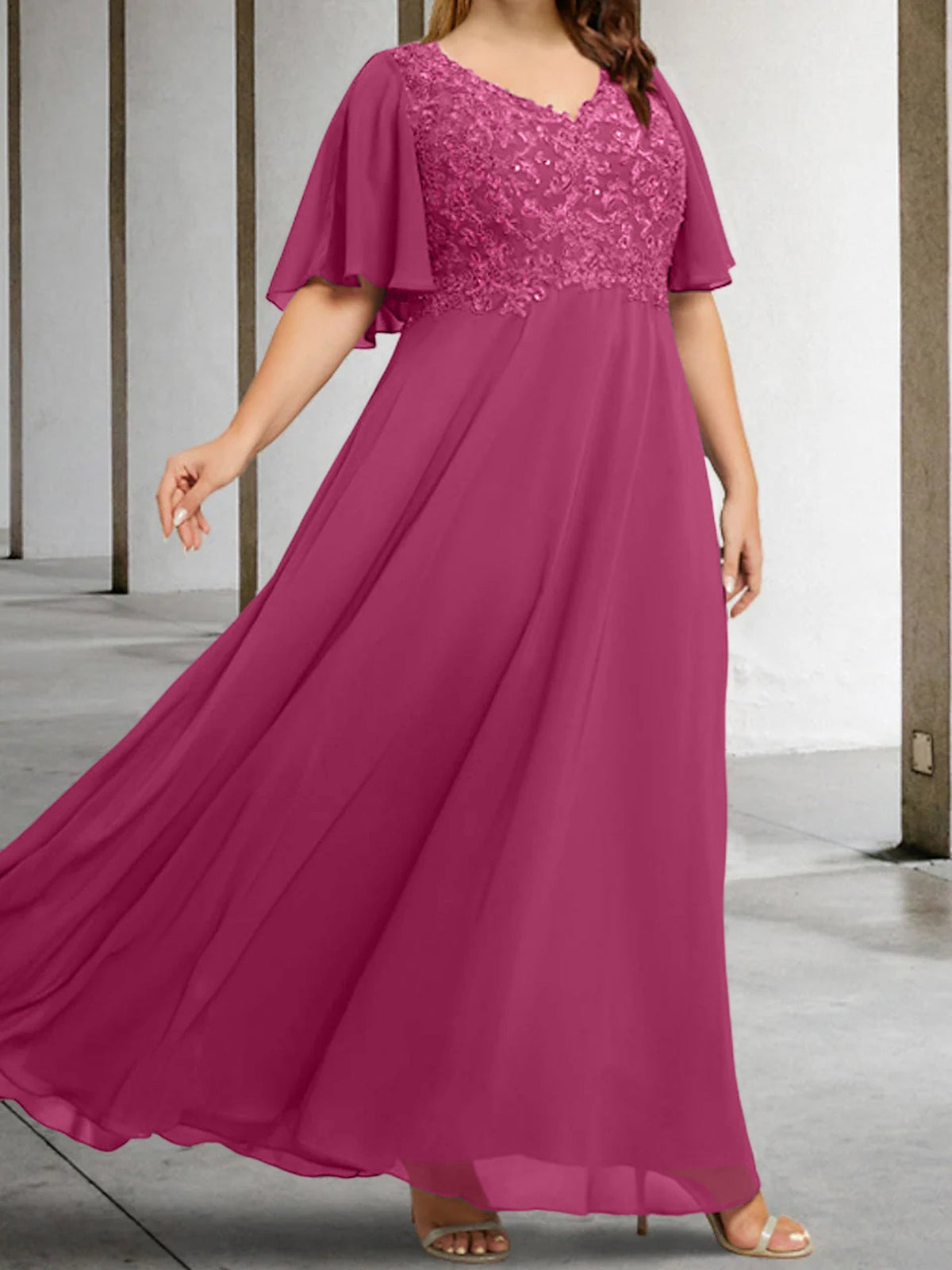 V Neck A Line Long Mother of the Bride Dress with Applique and Half Sleeves