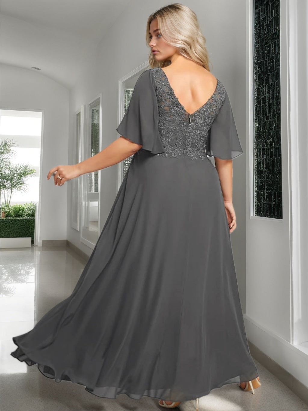 V Neck A Line Long Mother of the Bride Dress with Applique and Half Sleeves