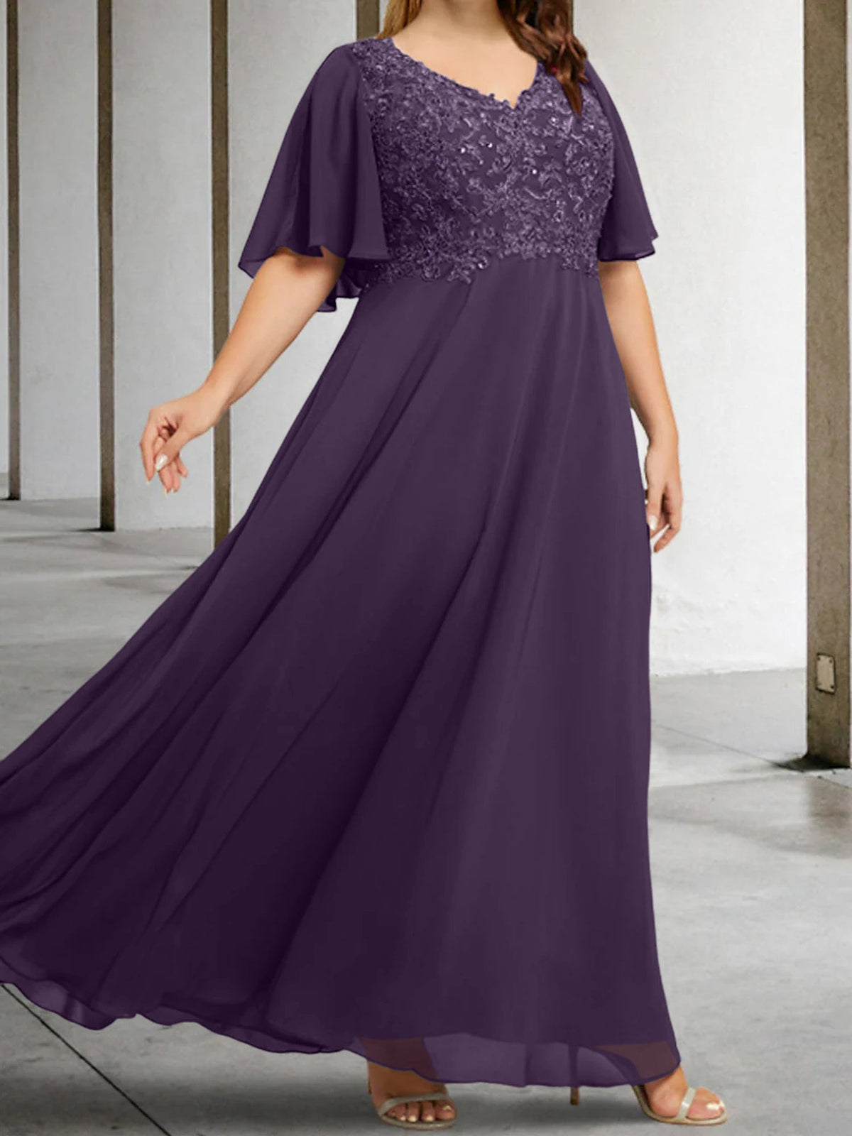 V Neck A Line Long Mother of the Bride Dress with Applique and Half Sleeves