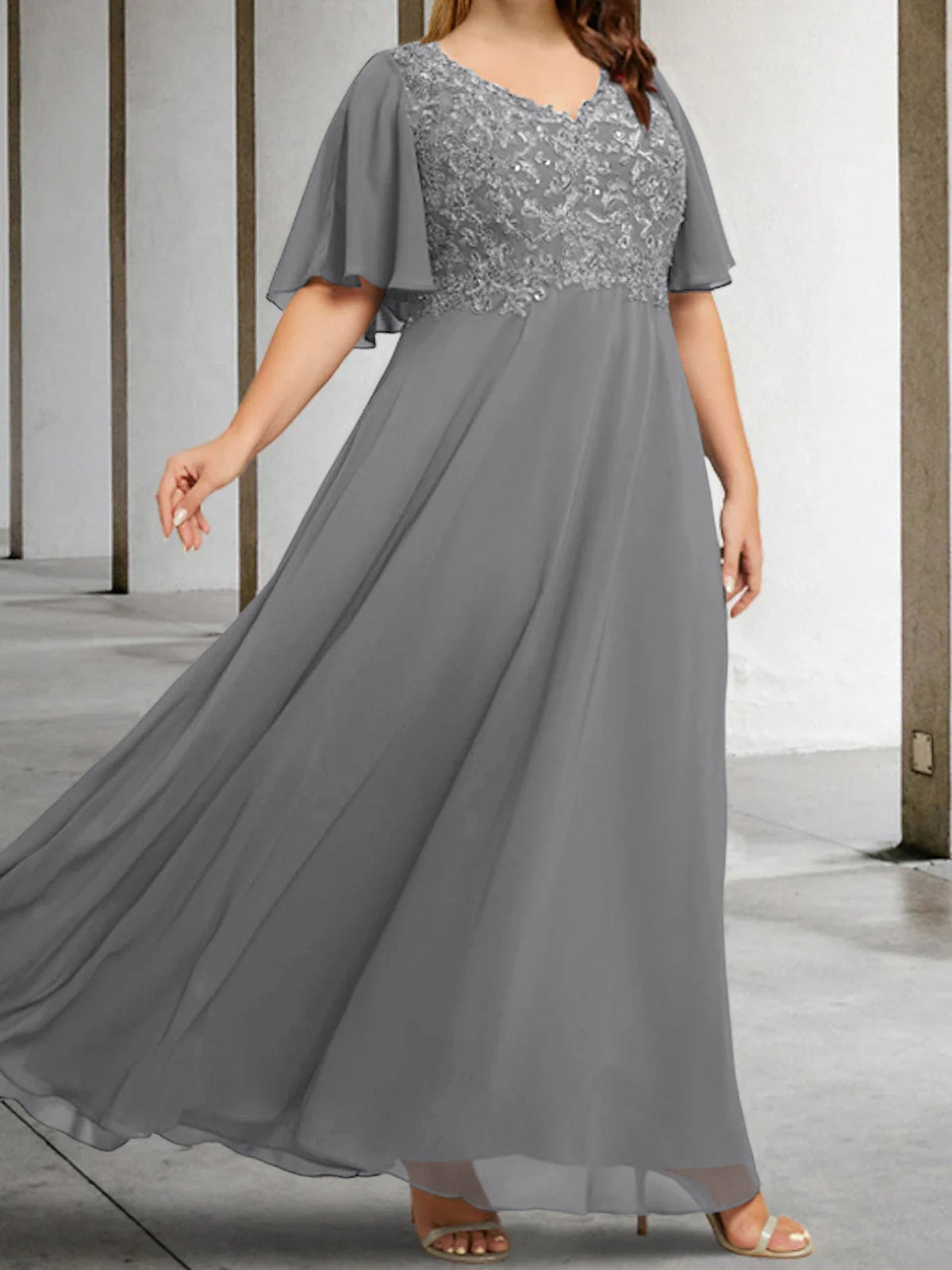 V Neck A Line Long Mother of the Bride Dress with Applique and Half Sleeves