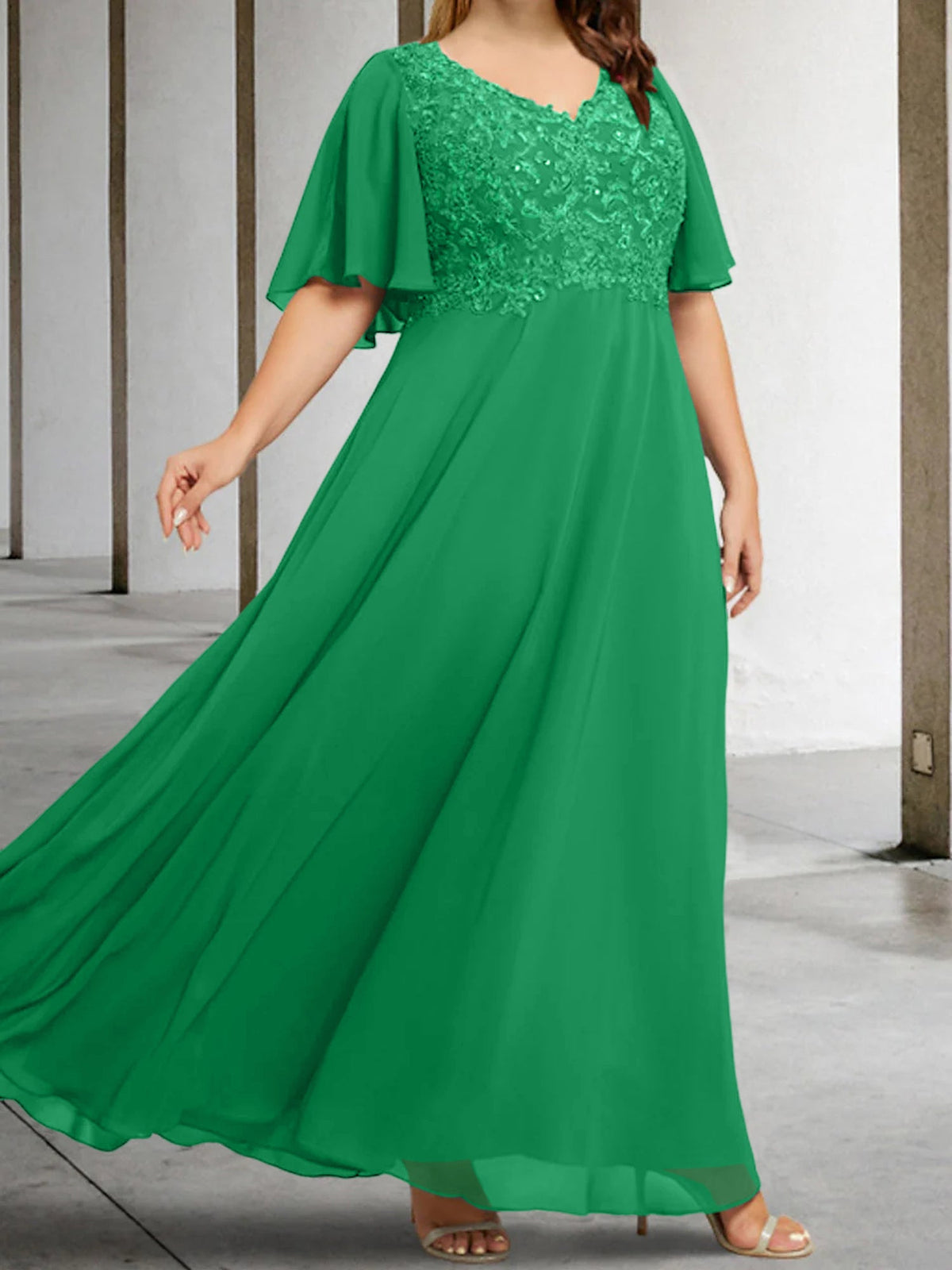 V Neck A Line Long Mother of the Bride Dress with Applique and Half Sleeves