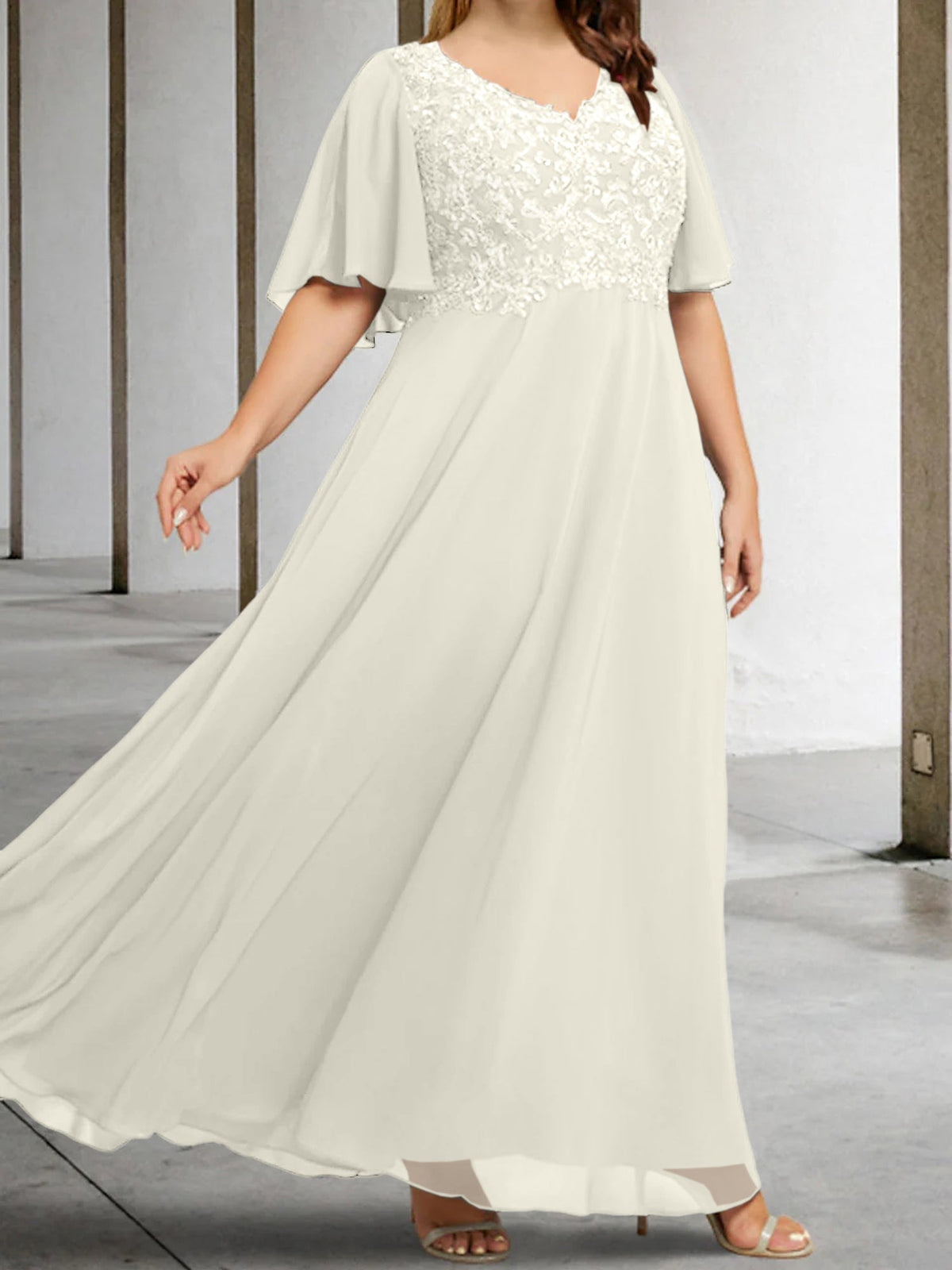 V Neck A Line Long Mother of the Bride Dress with Applique and Half Sleeves