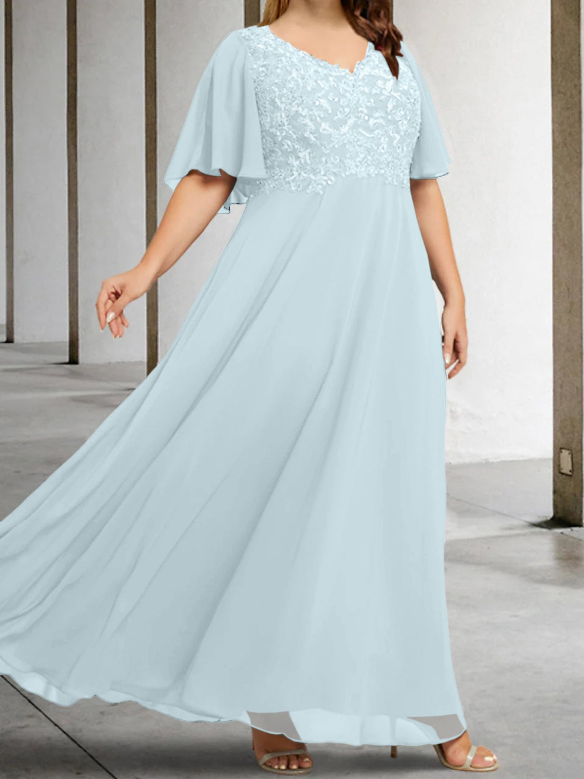 V Neck A Line Long Mother of the Bride Dress with Applique and Half Sleeves