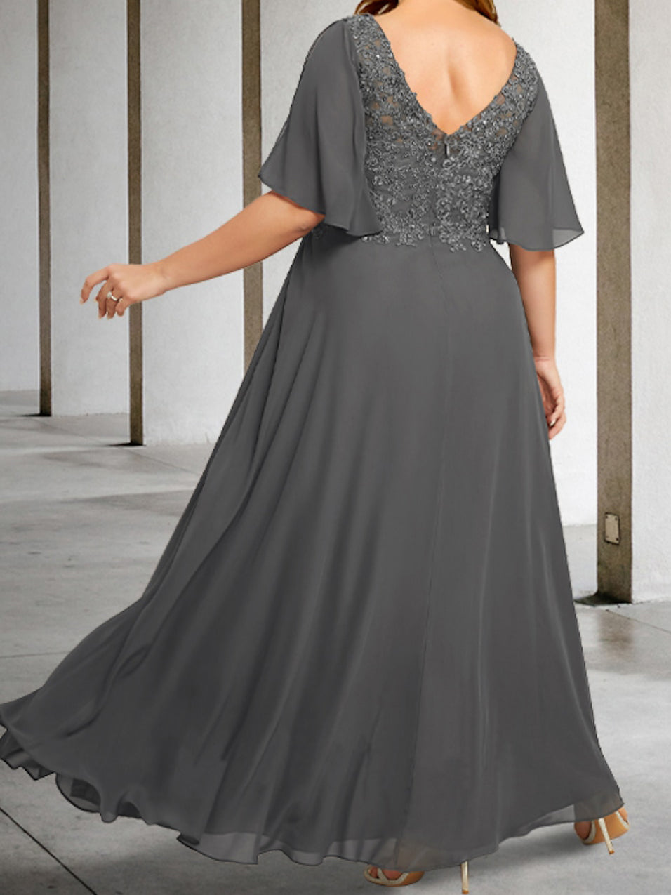 V Neck A Line Long Mother of the Bride Dress with Applique and Half Sleeves