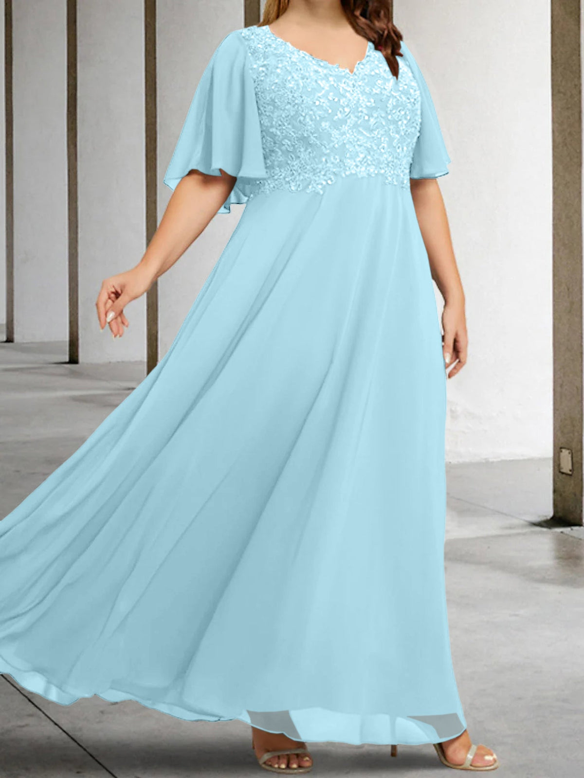 V Neck A Line Long Mother of the Bride Dress with Applique and Half Sleeves