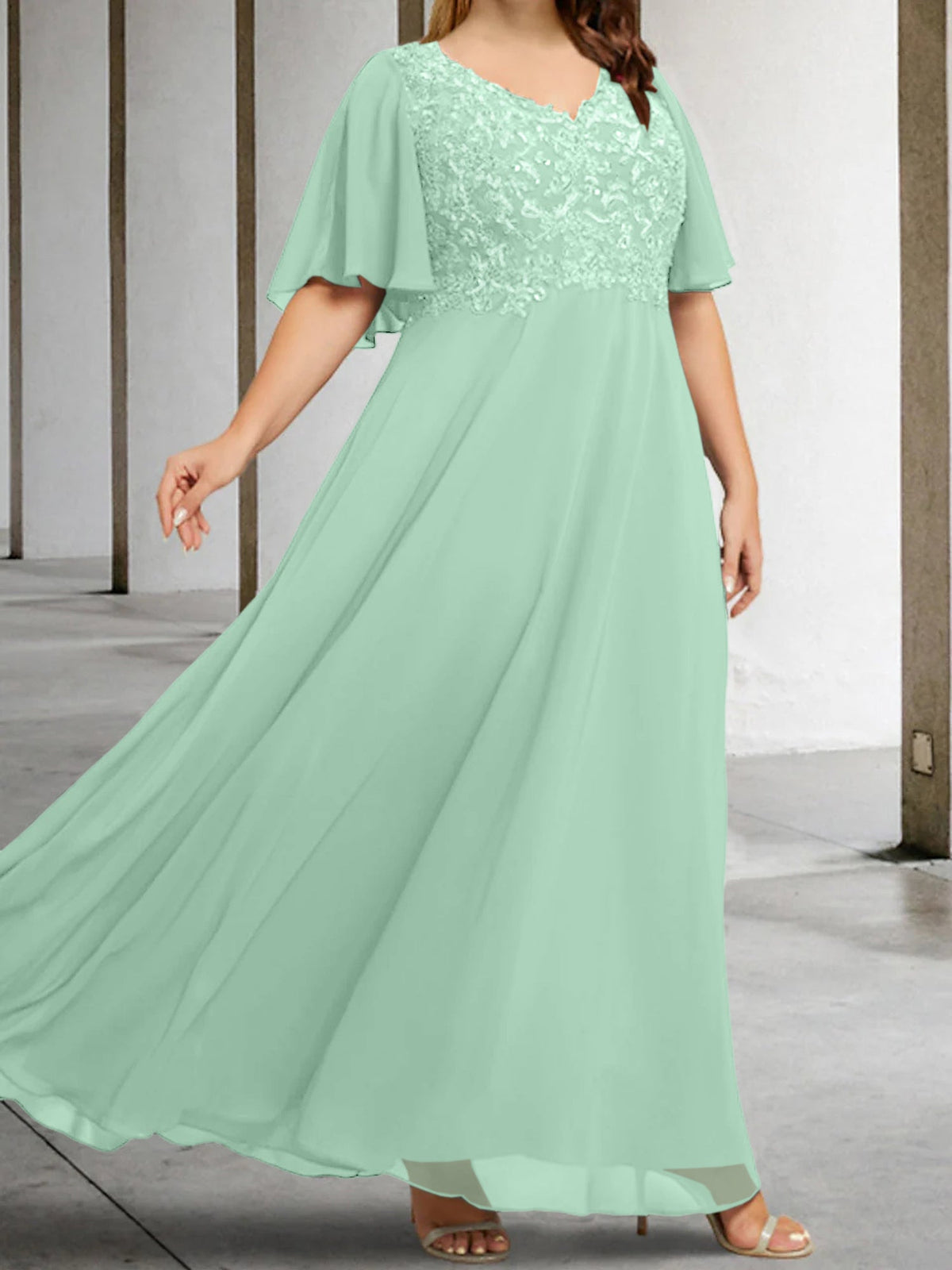 V Neck A Line Long Mother of the Bride Dress with Applique and Half Sleeves
