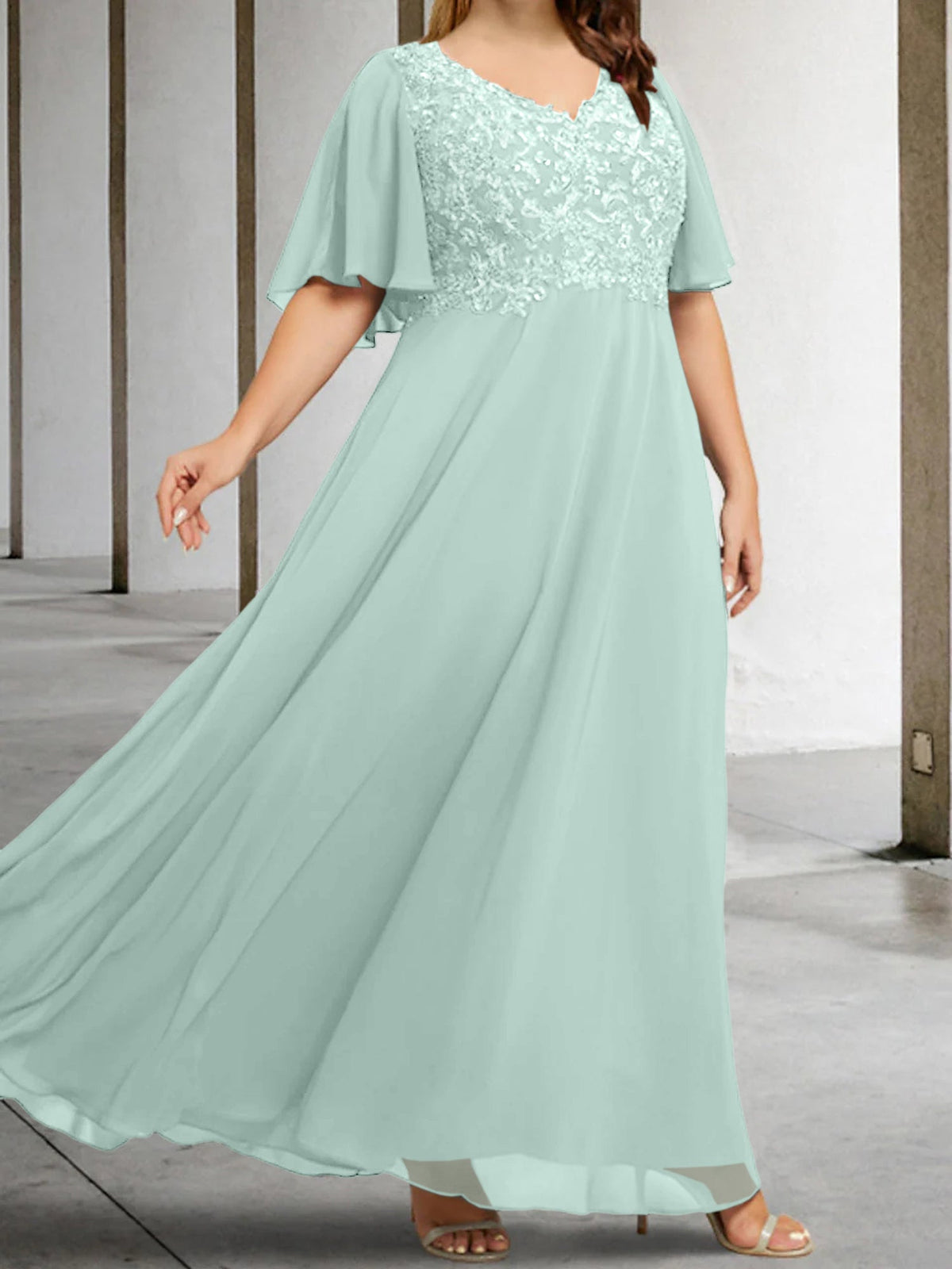 V Neck A Line Long Mother of the Bride Dress with Applique and Half Sleeves