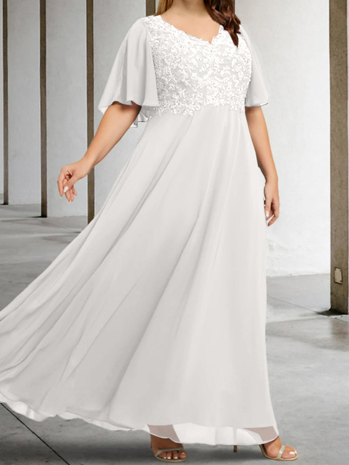 V Neck A Line Long Mother of the Bride Dress with Applique and Half Sleeves