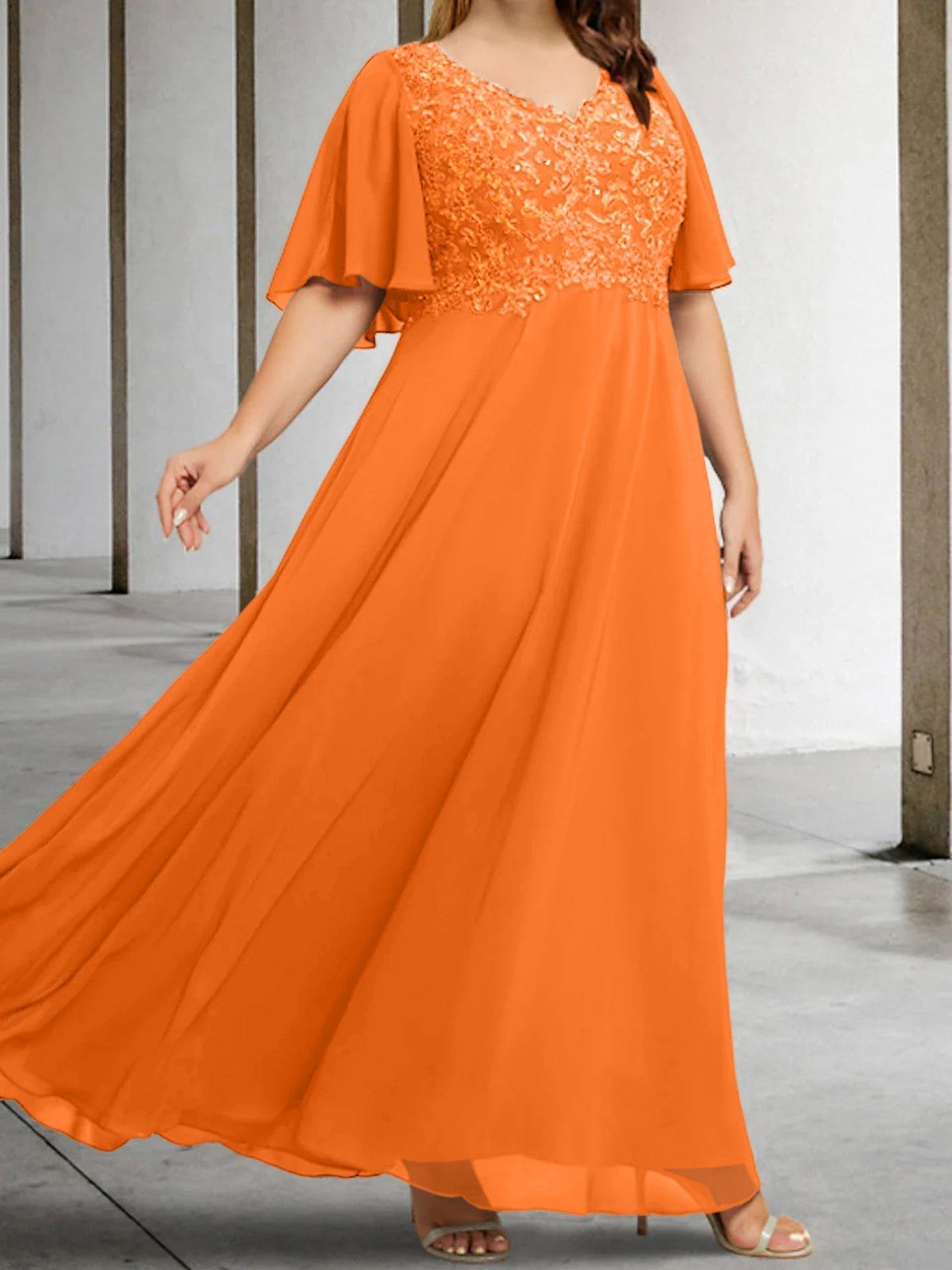 V Neck A Line Long Mother of the Bride Dress with Applique and Half Sleeves