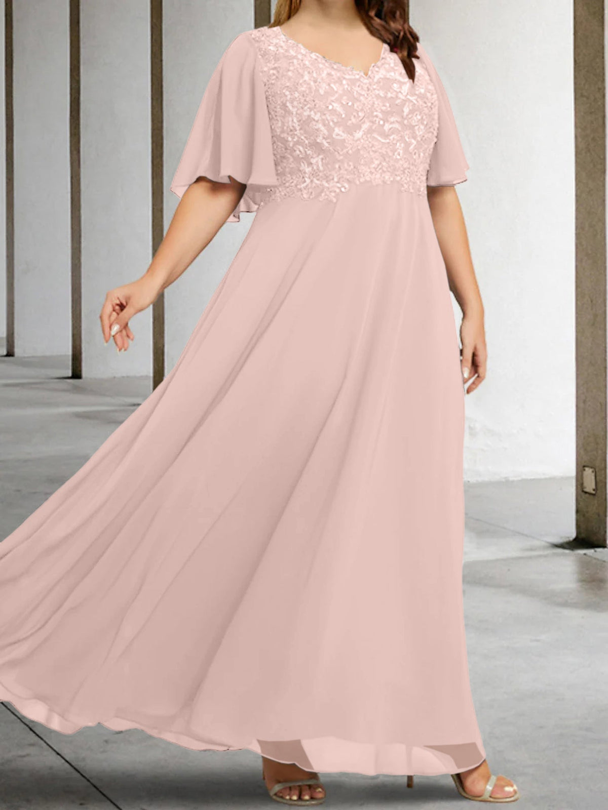 V Neck A Line Long Mother of the Bride Dress with Applique and Half Sleeves