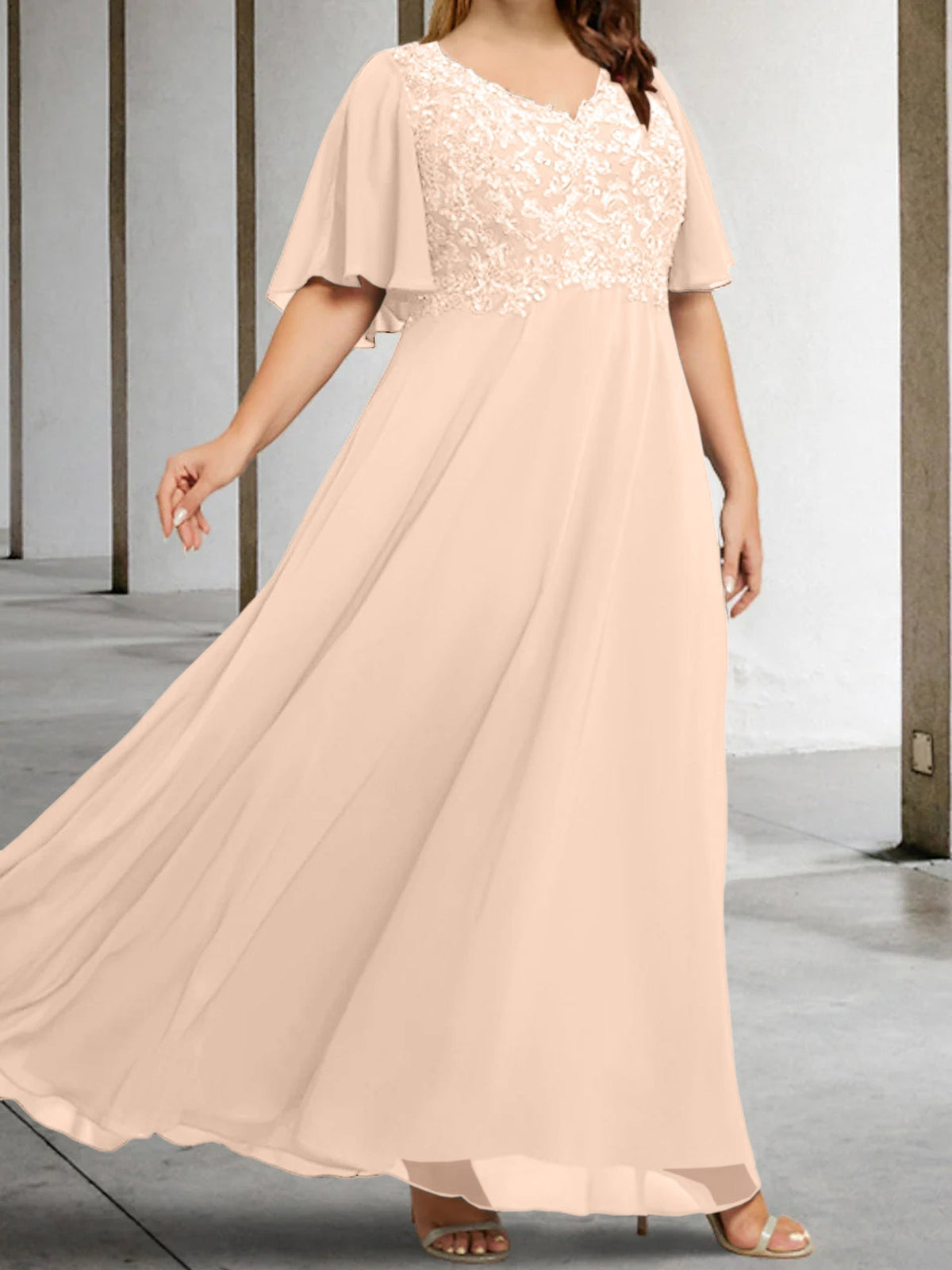 V Neck A Line Long Mother of the Bride Dress with Applique and Half Sleeves