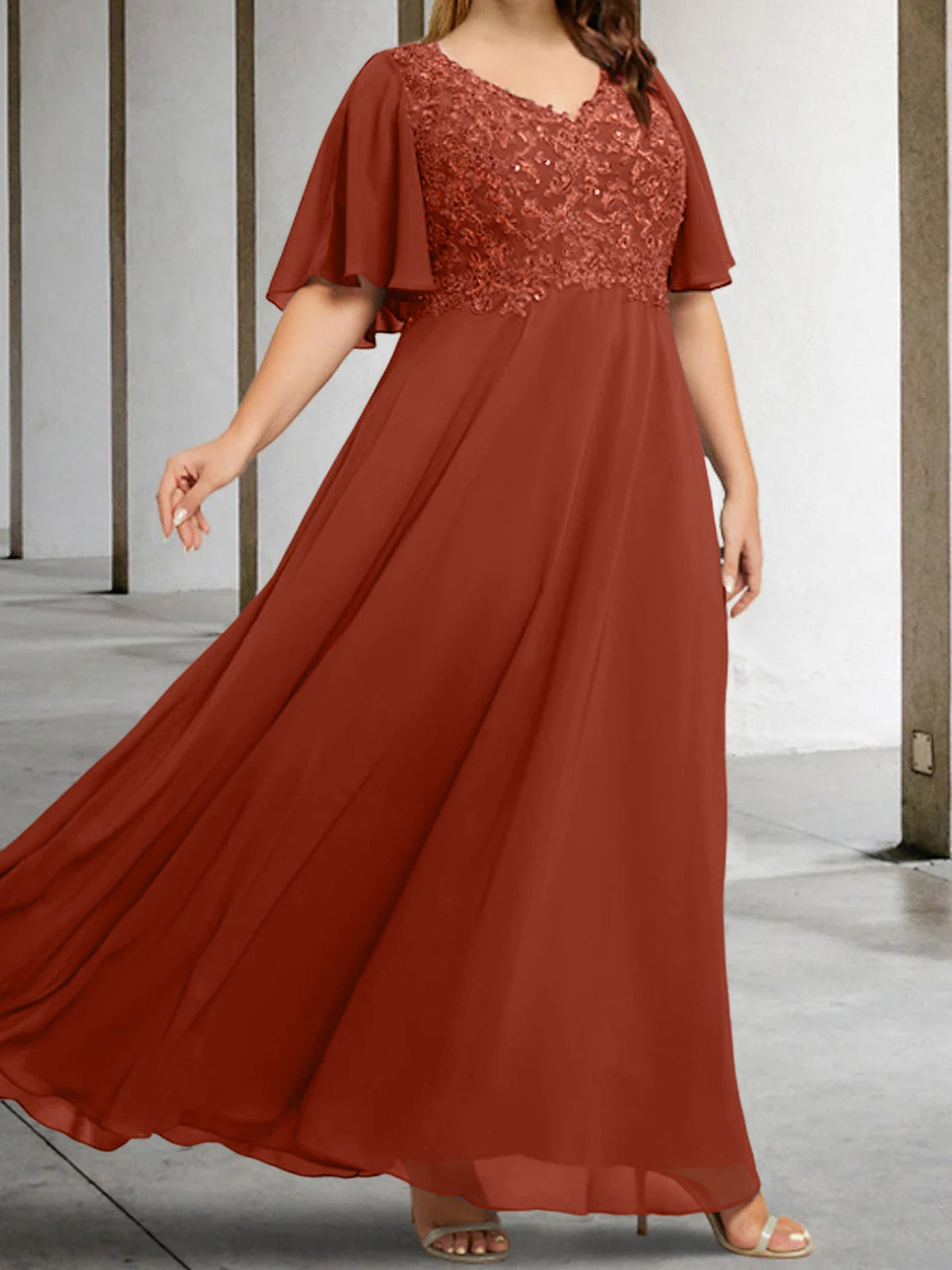 V Neck A Line Long Mother of the Bride Dress with Applique and Half Sleeves