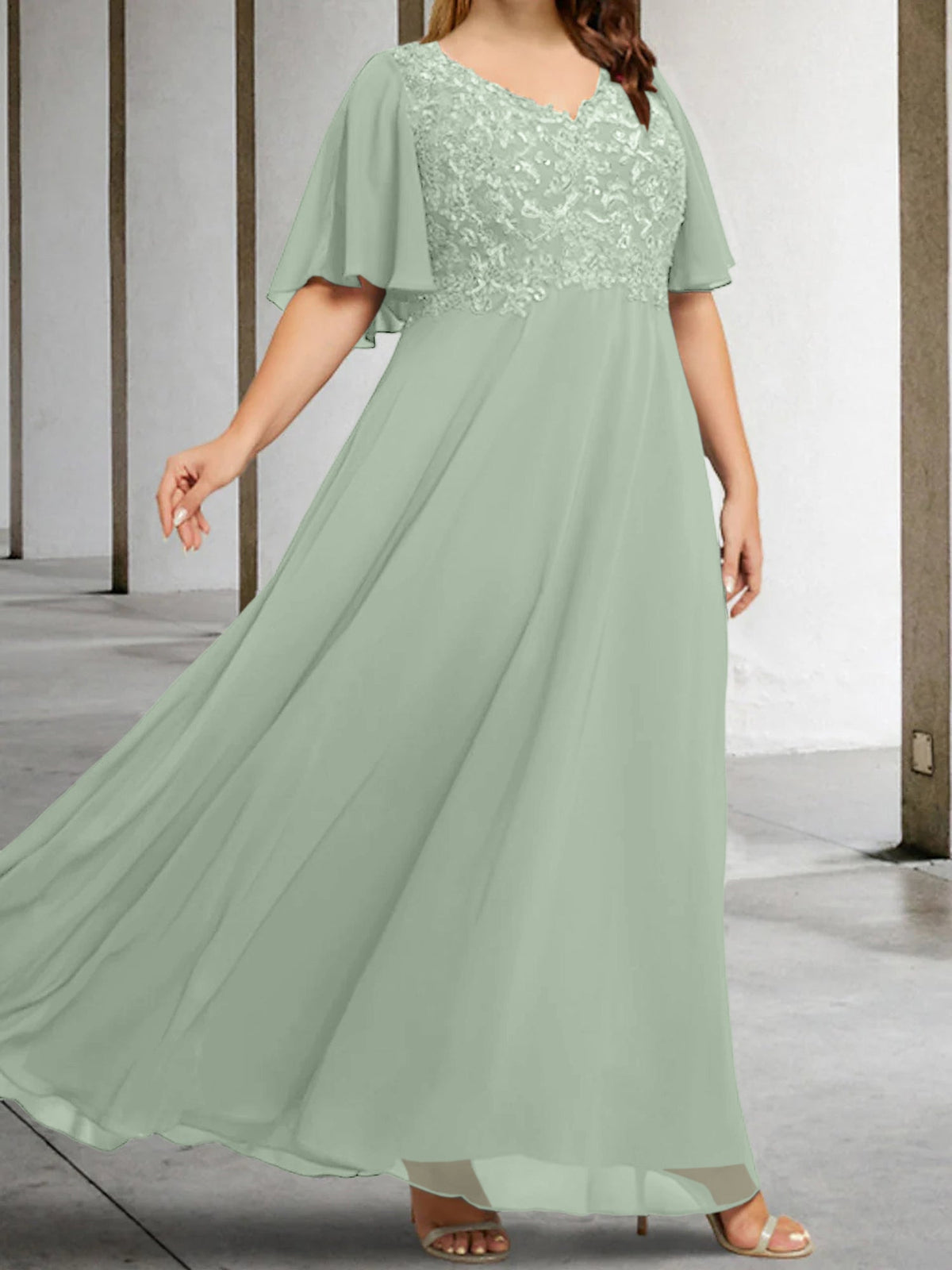 V Neck A Line Long Mother of the Bride Dress with Applique and Half Sleeves