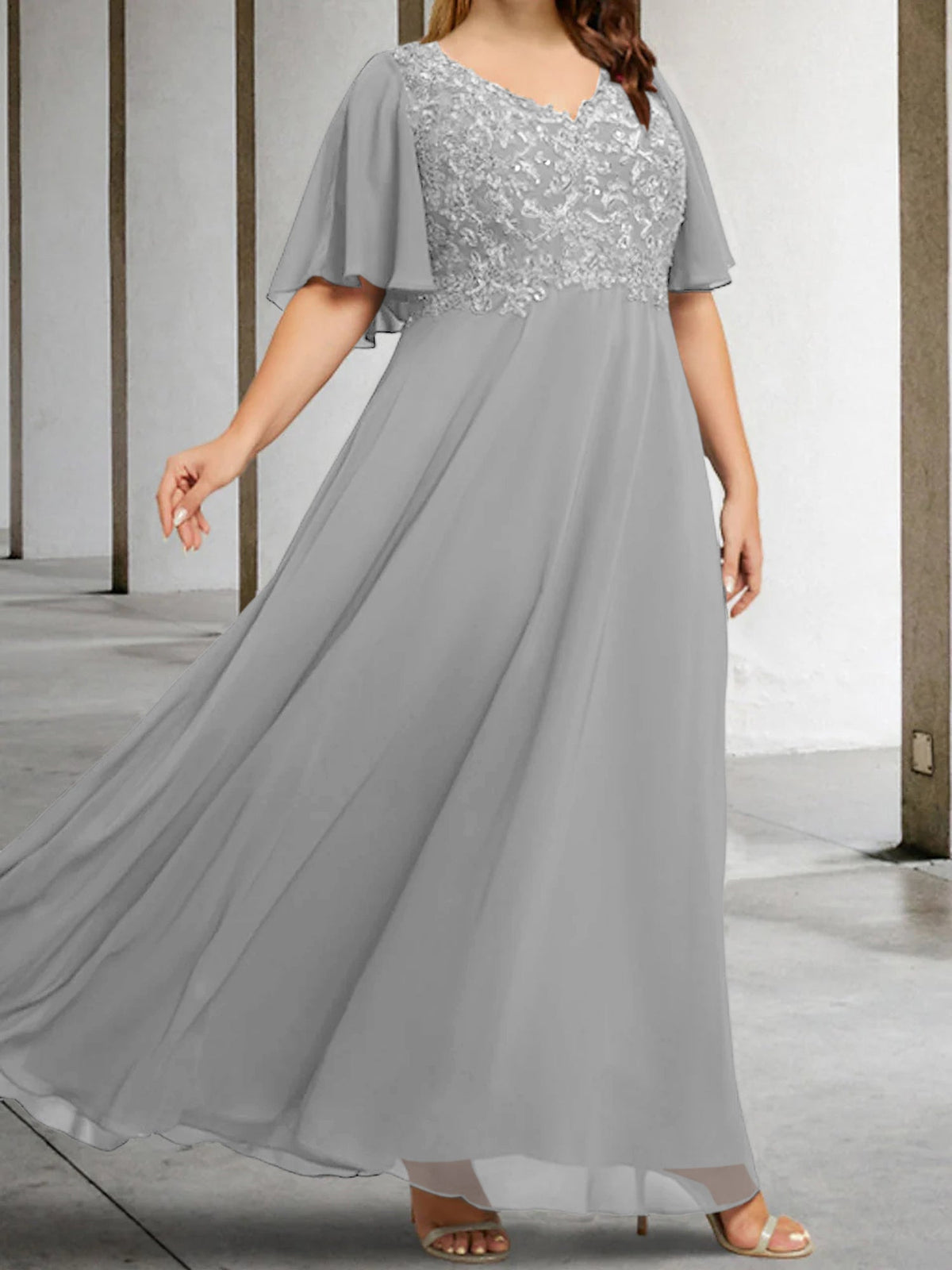 V Neck A Line Long Mother of the Bride Dress with Applique and Half Sleeves