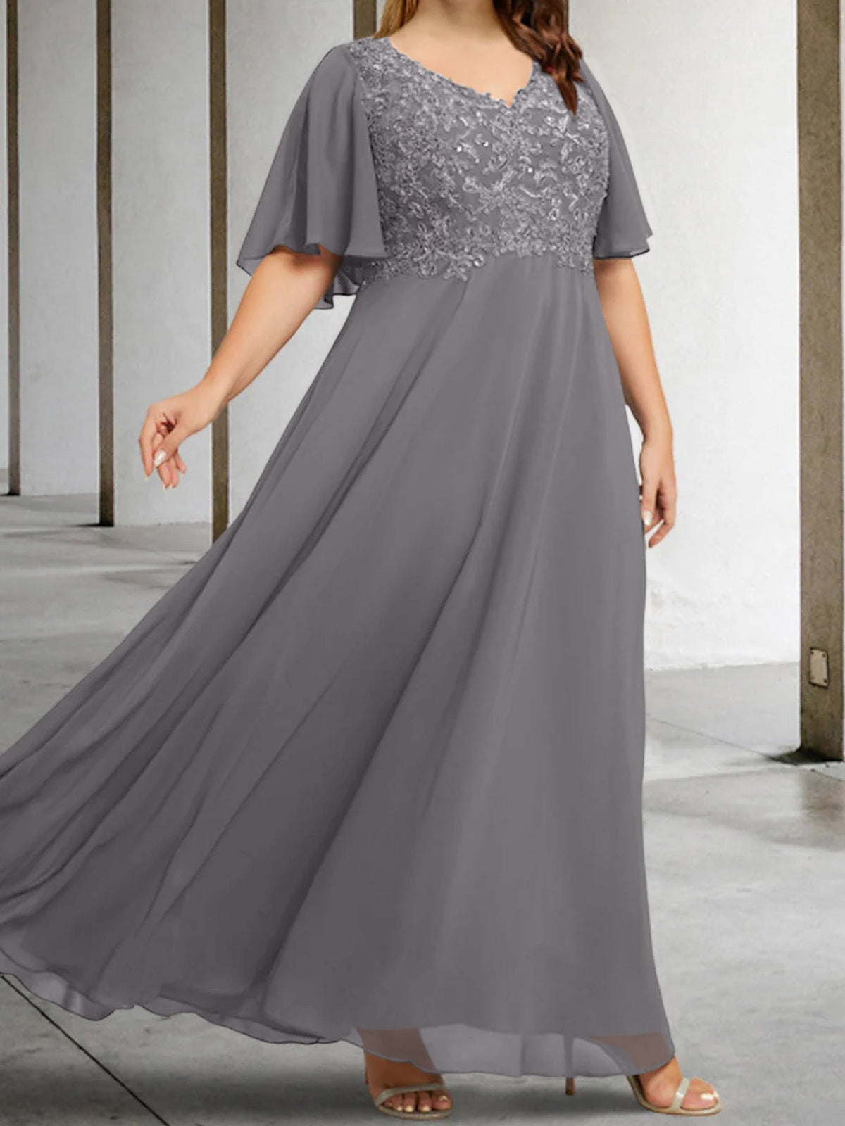 V Neck A Line Long Mother of the Bride Dress with Applique and Half Sleeves
