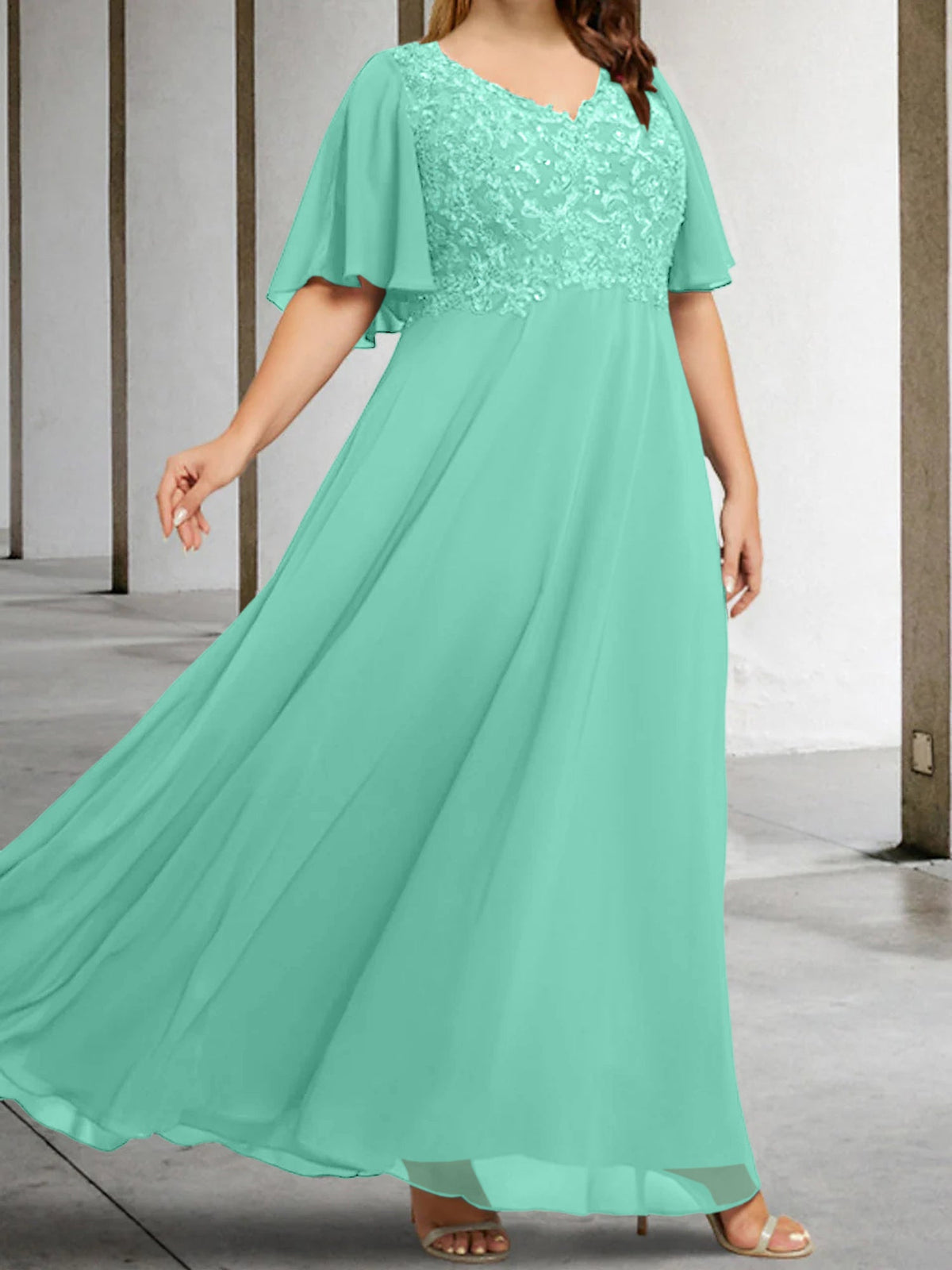 V Neck A Line Long Mother of the Bride Dress with Applique and Half Sleeves