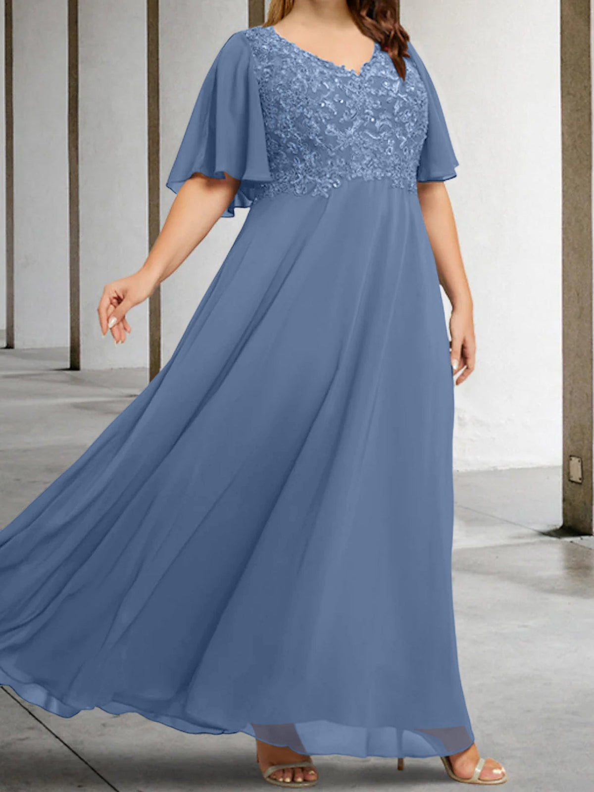 V Neck A Line Long Mother of the Bride Dress with Applique and Half Sleeves