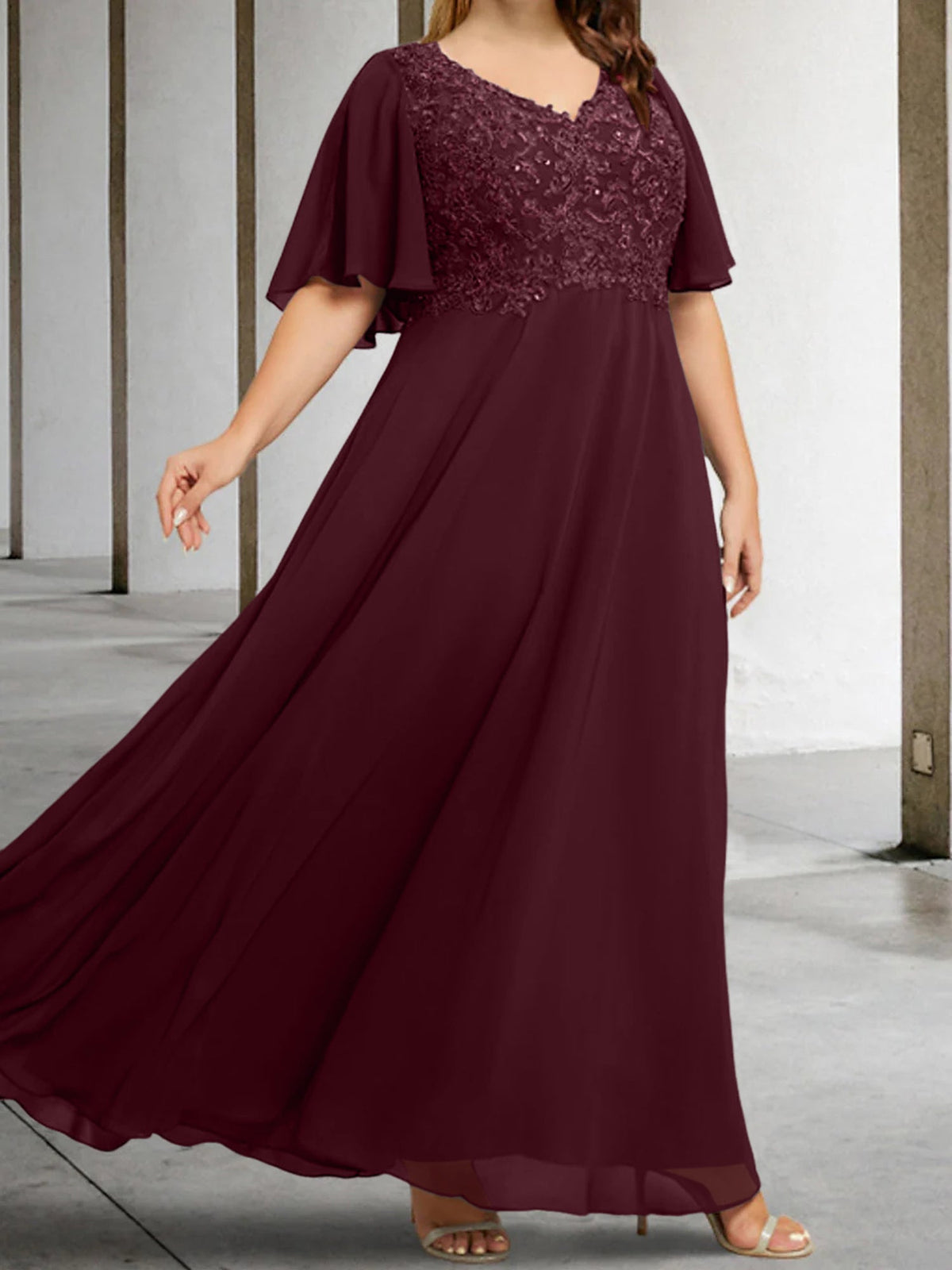 V Neck A Line Long Mother of the Bride Dress with Applique and Half Sleeves