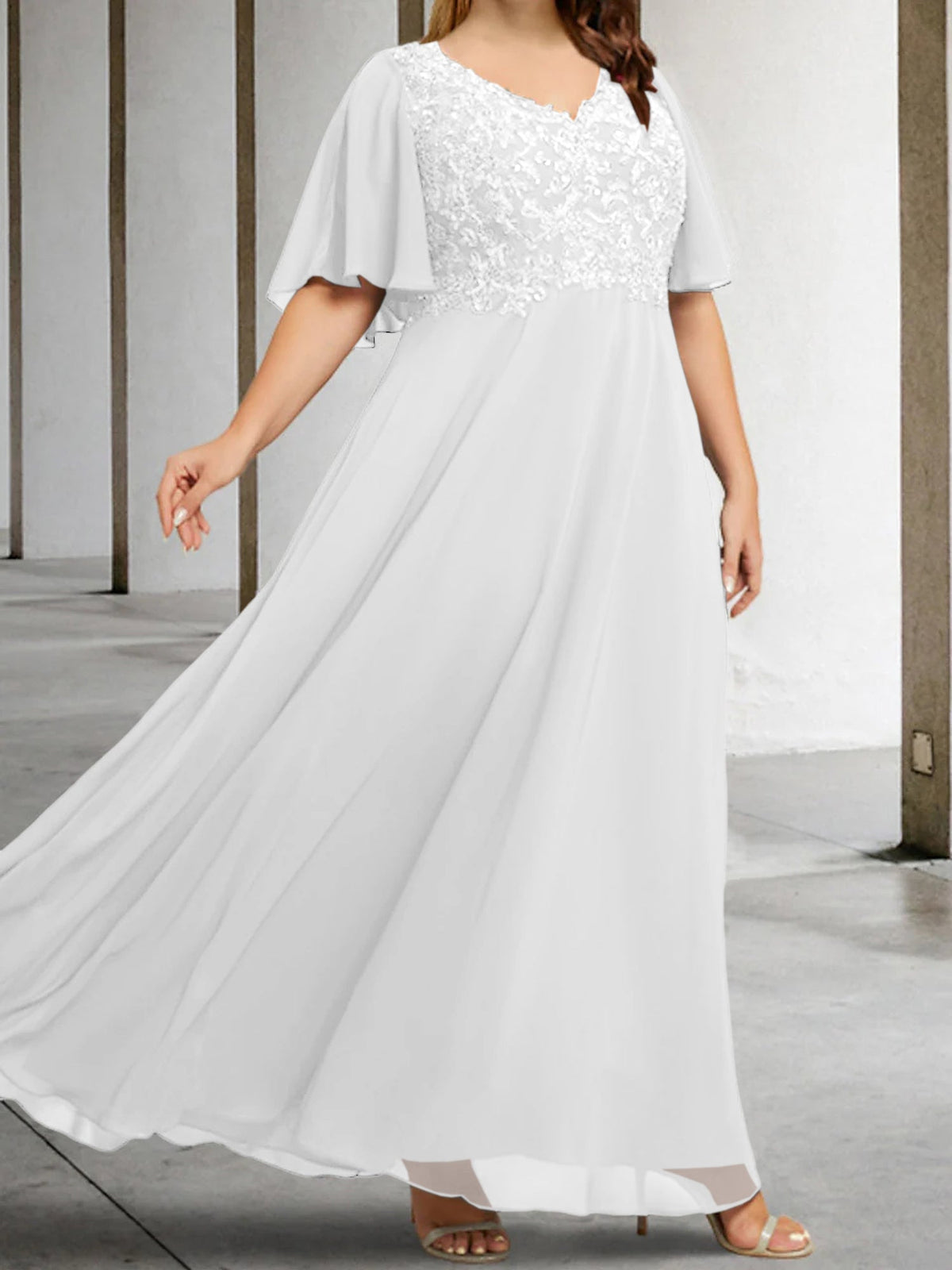 V Neck A Line Long Mother of the Bride Dress with Applique and Half Sleeves