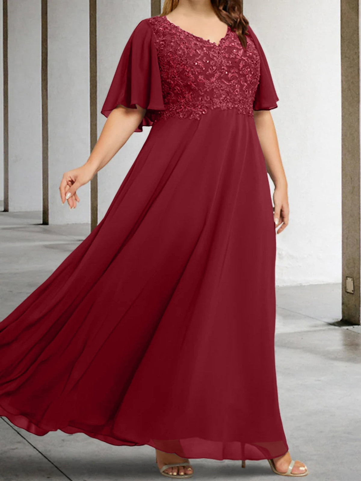 V Neck A Line Long Mother of the Bride Dress with Applique and Half Sleeves
