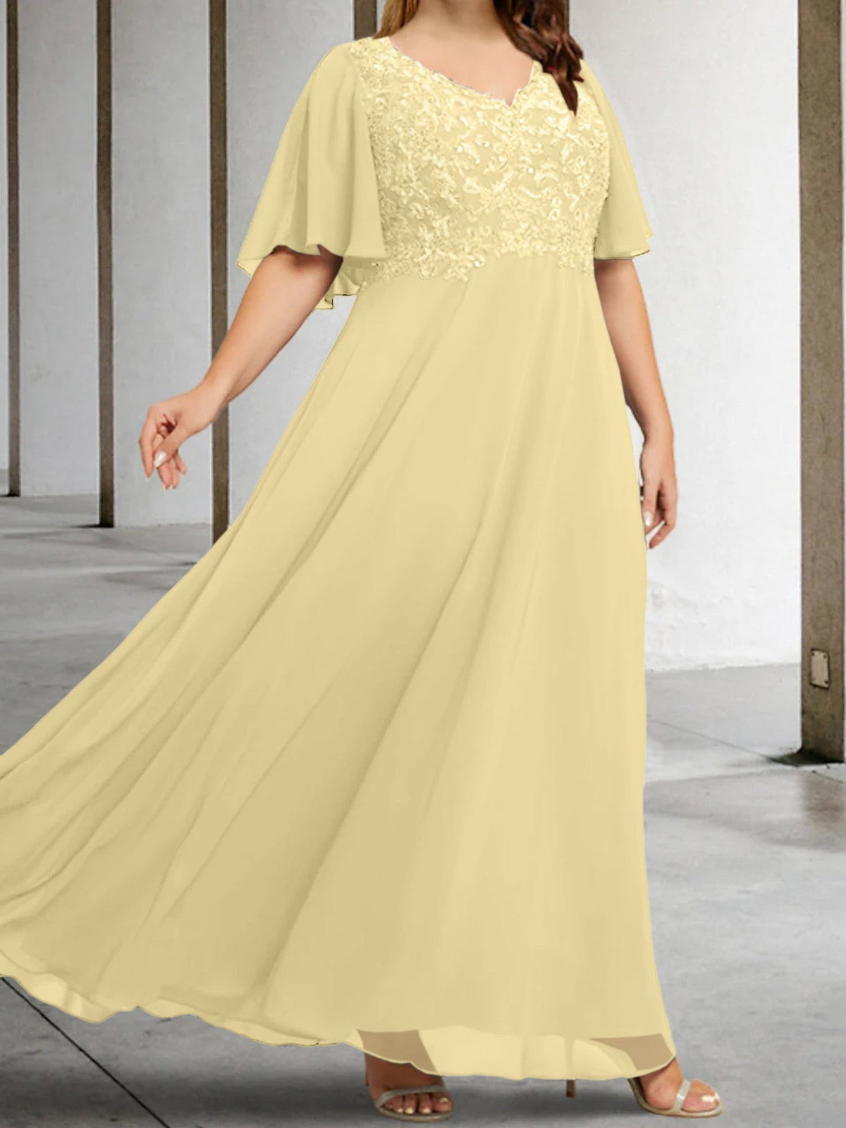 V Neck A Line Long Mother of the Bride Dress with Applique and Half Sleeves
