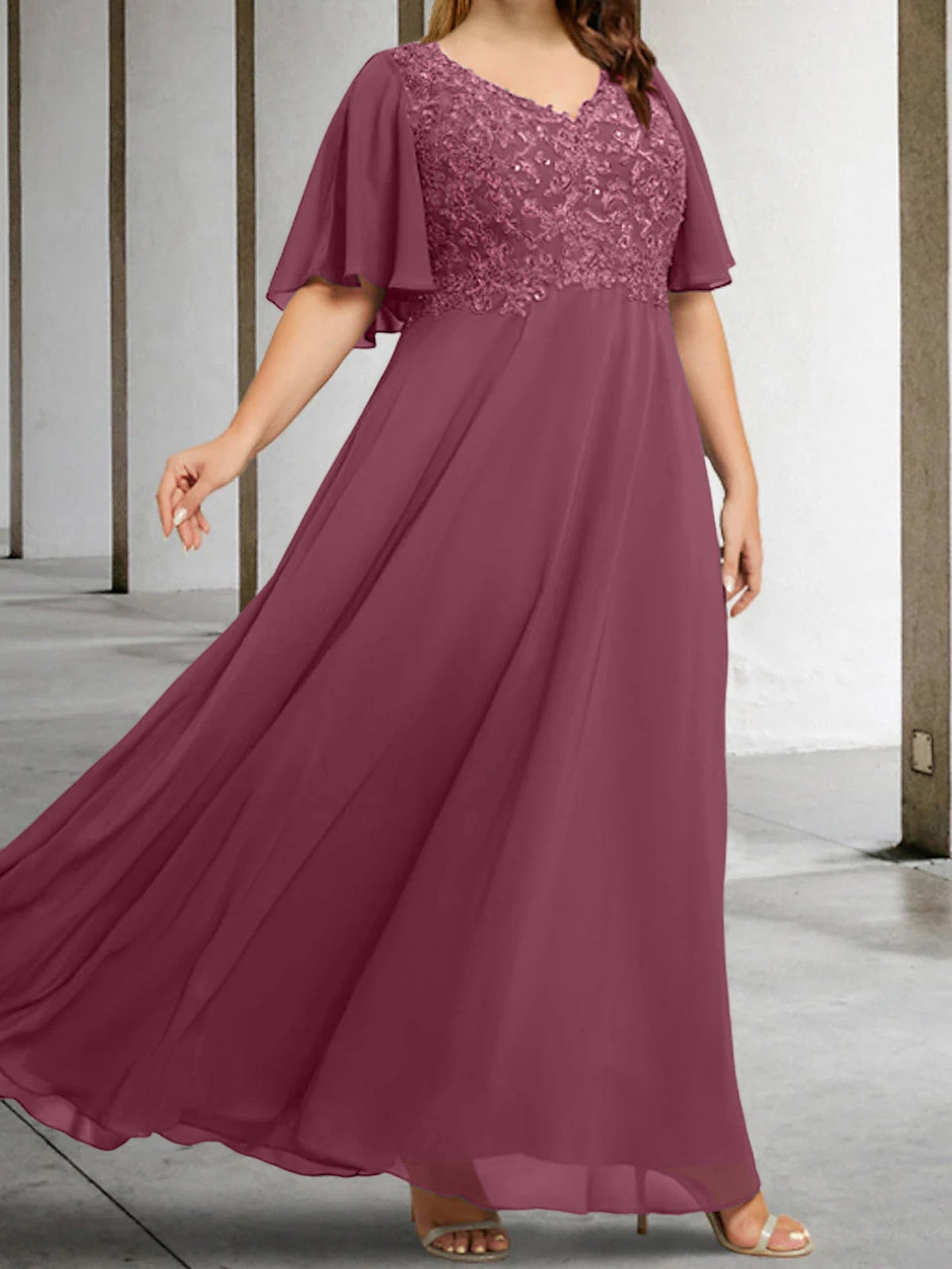 V Neck A Line Long Mother of the Bride Dress with Applique and Half Sleeves