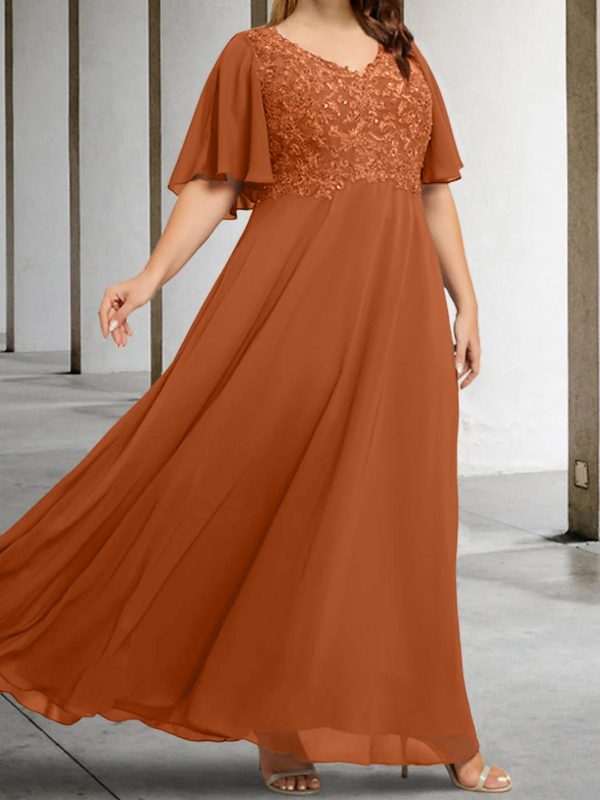 V Neck A Line Long Mother of the Bride Dress with Applique and Half Sleeves