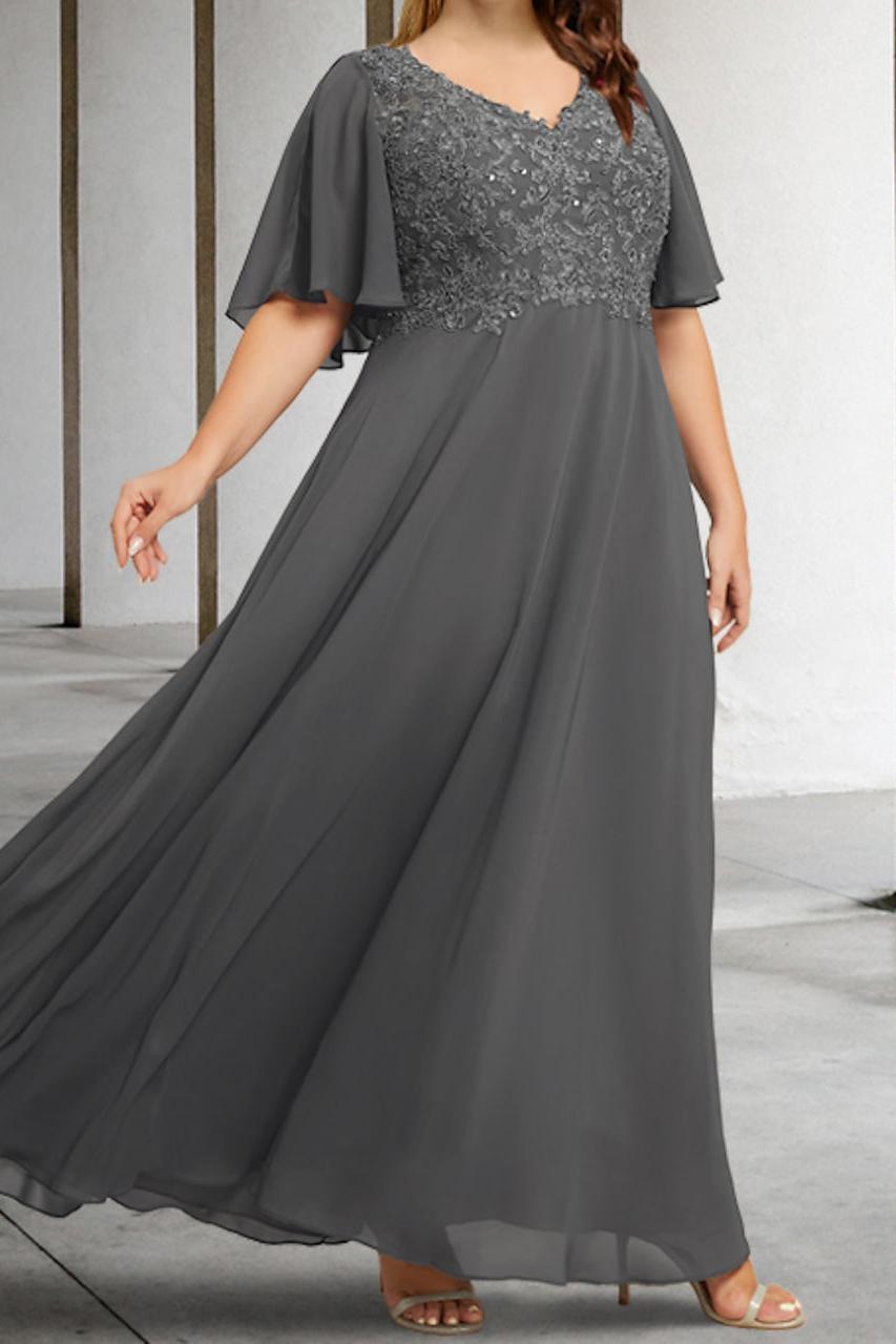 V Neck A Line Long Mother of the Bride Dress with Applique and Half Sleeves