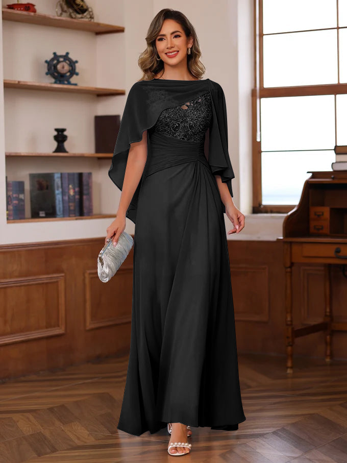 V Neck A Line Long Mother of the Bride Dress with Appliques Ruffles & Wrap in 2 Pics