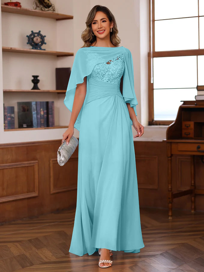 V Neck A Line Long Mother of the Bride Dress with Appliques Ruffles & Wrap in 2 Pics