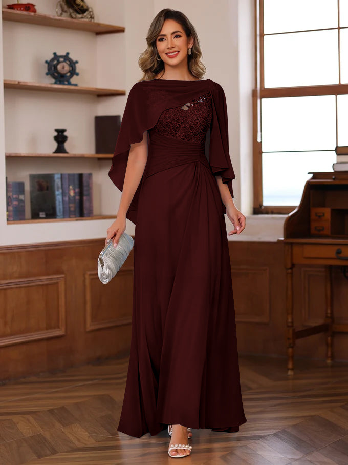 V Neck A Line Long Mother of the Bride Dress with Appliques Ruffles & Wrap in 2 Pics