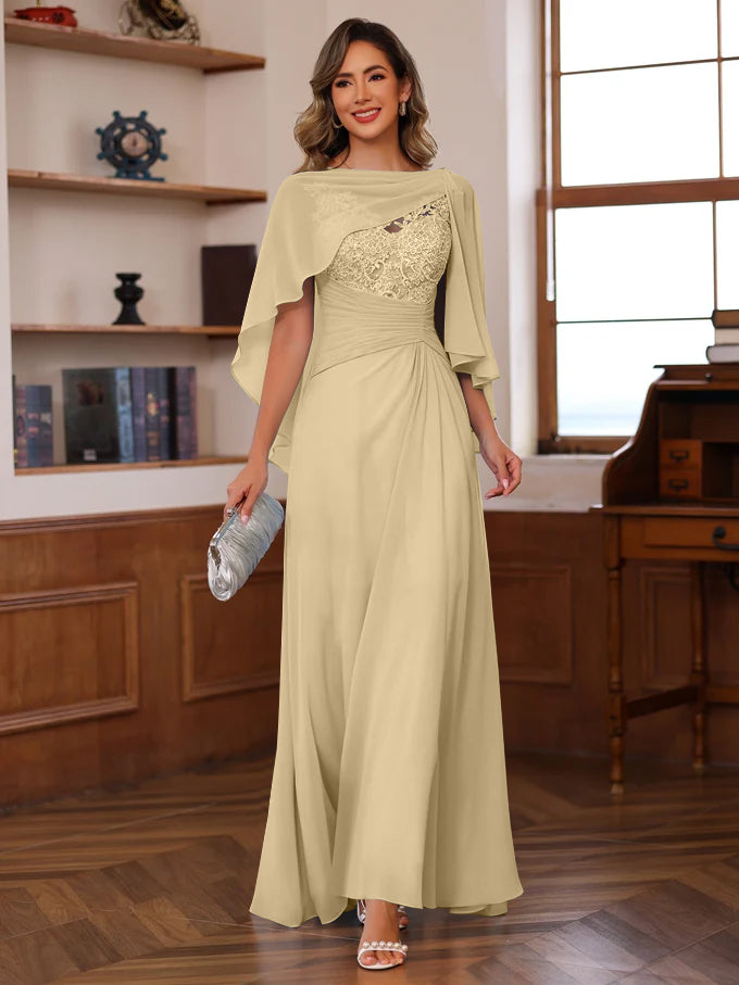 V Neck A Line Long Mother of the Bride Dress with Appliques Ruffles & Wrap in 2 Pics