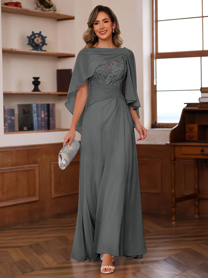 V Neck A Line Long Mother of the Bride Dress with Appliques Ruffles & Wrap in 2 Pics