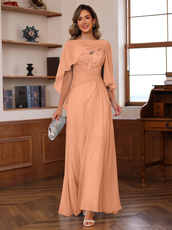 V Neck A Line Long Mother of the Bride Dress with Appliques Ruffles & Wrap in 2 Pics