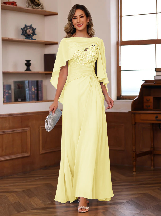 V Neck A Line Long Mother of the Bride Dress with Appliques Ruffles & Wrap in 2 Pics